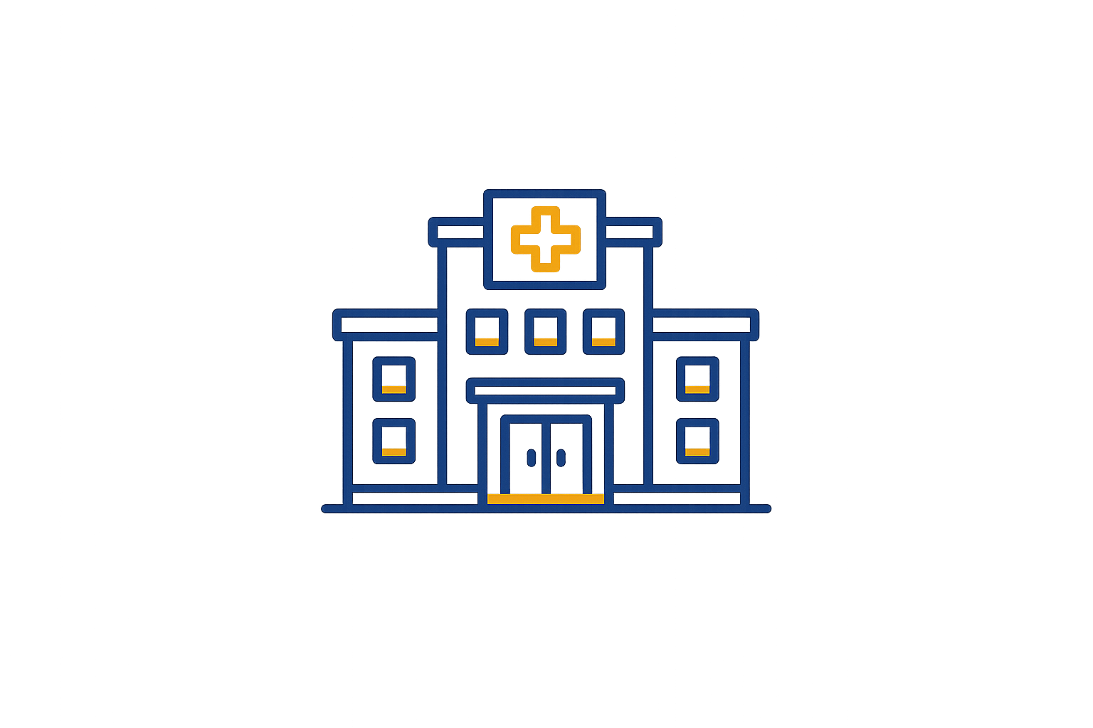 Digital illustration of a hospital building with a yellow cross symbol on top, set against a dark background with red and purple streaks of light.