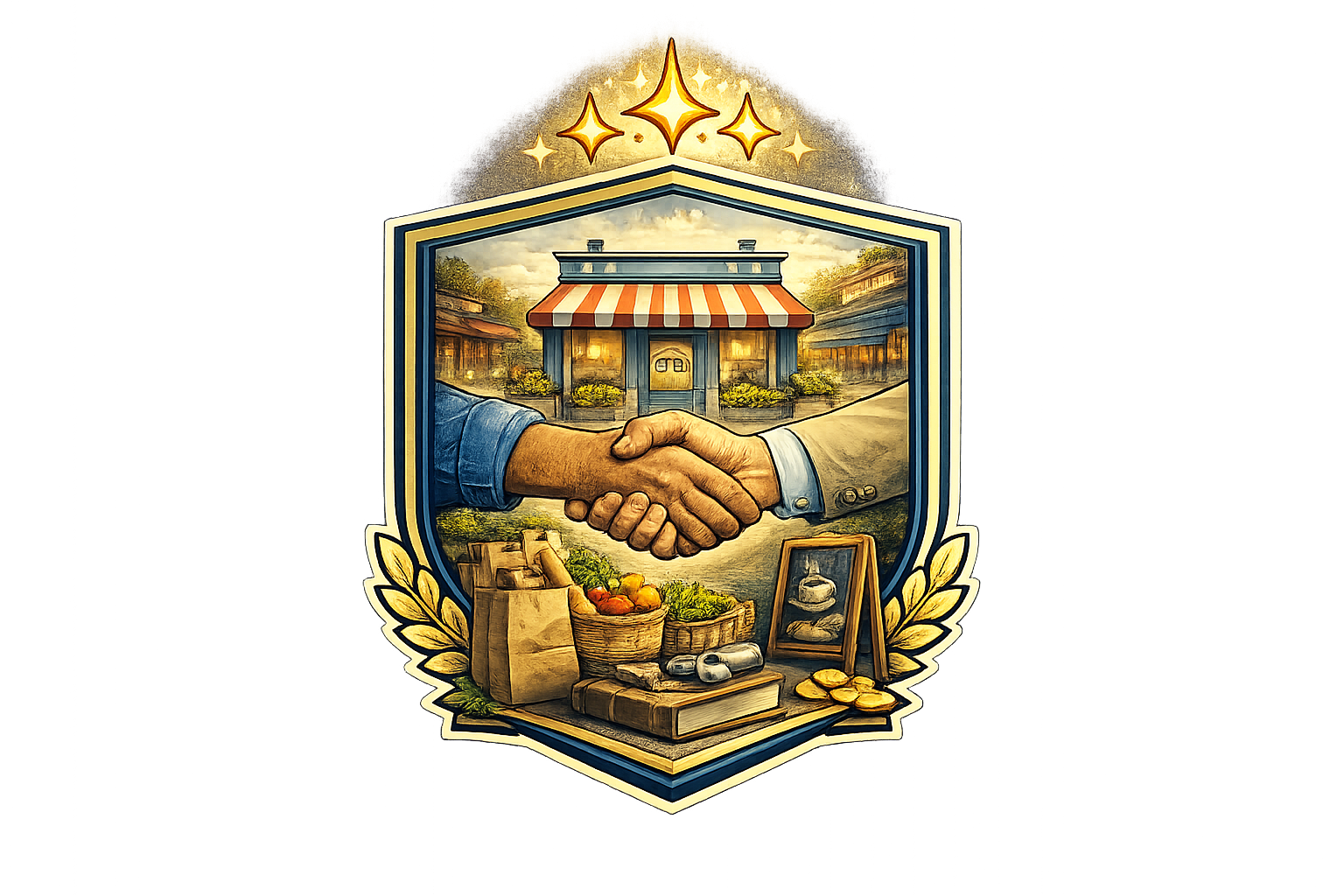 A handshake between two people in front of a building with a red and white striped awning, surrounded by produce, a picture frame with a teapot, and coins, symbolizing agreement and commerce.