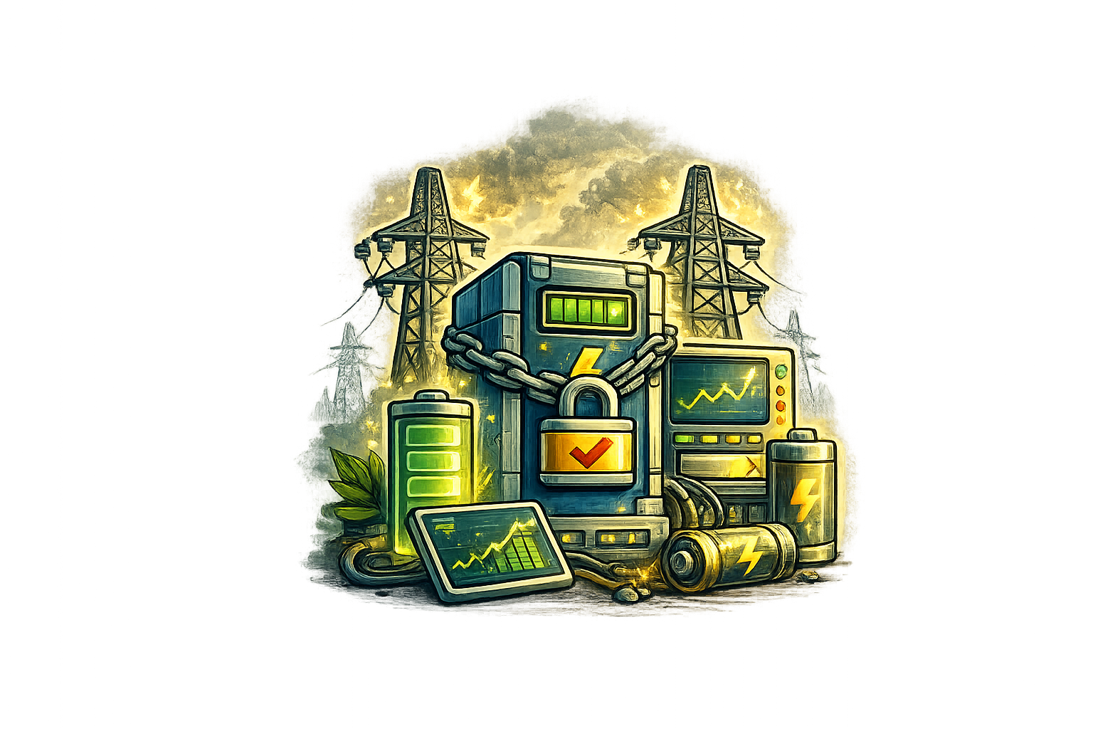 Illustration of energy storage and power infrastructure, including batteries, a tablet with energy graphs, electrical towers, and digital monitoring screens, symbolizing renewable energy and power management.