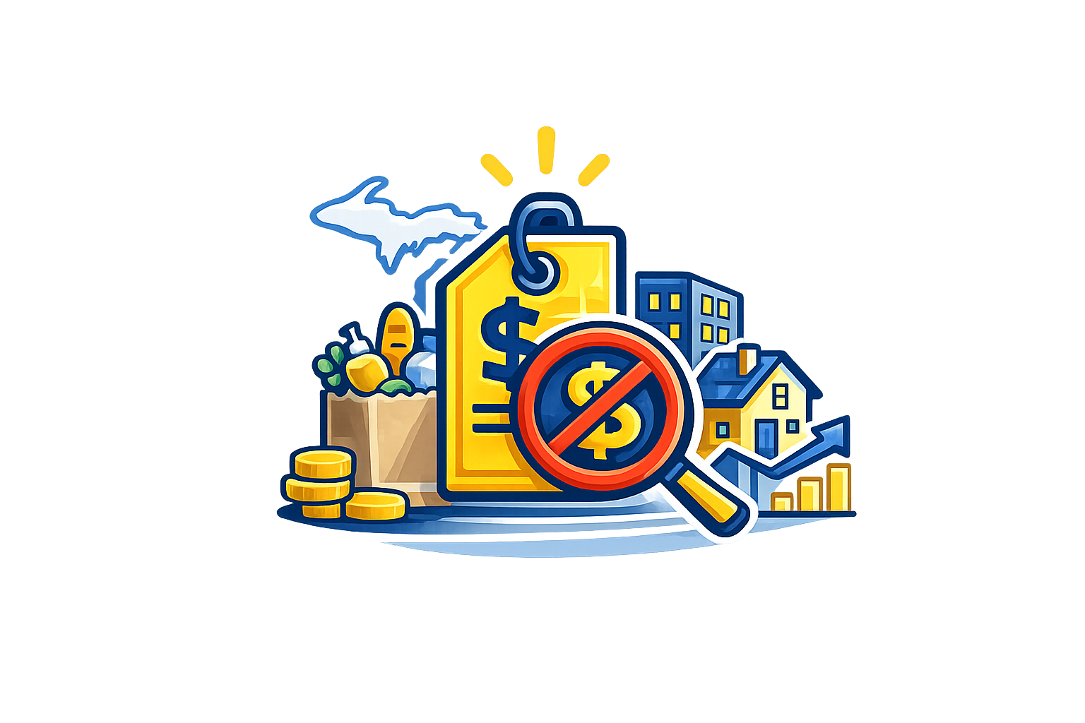 Illustration of real estate and financial concepts, including a magnifying glass, money tags, coins, a grocery bag, house and building icons, and a no-cost sign, representing housing market and financial analysis.