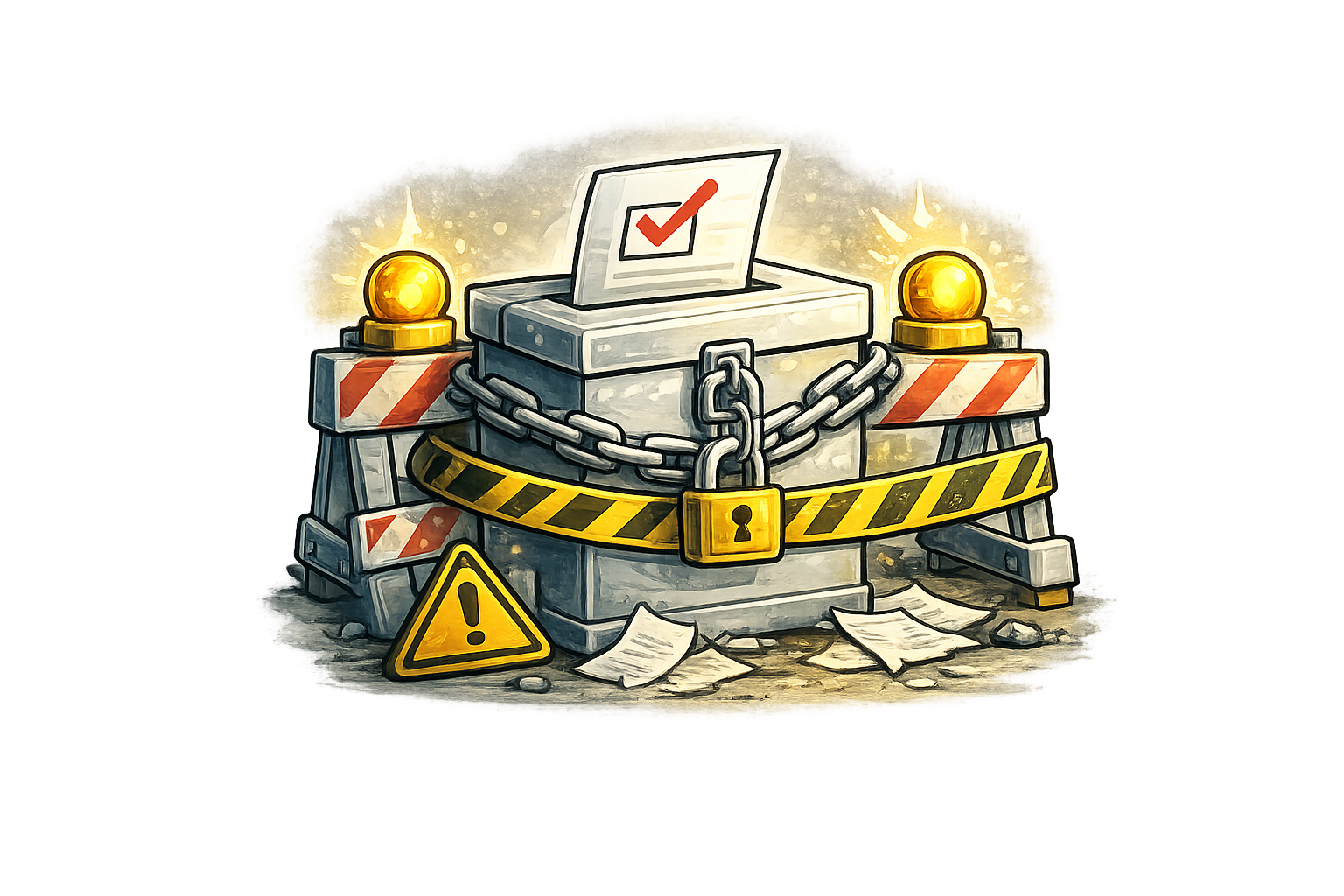 Illustration of a ballot box sealed with chains and a padlock, surrounded by warning signs, with a paper ballot featuring a checkmark inside the box.