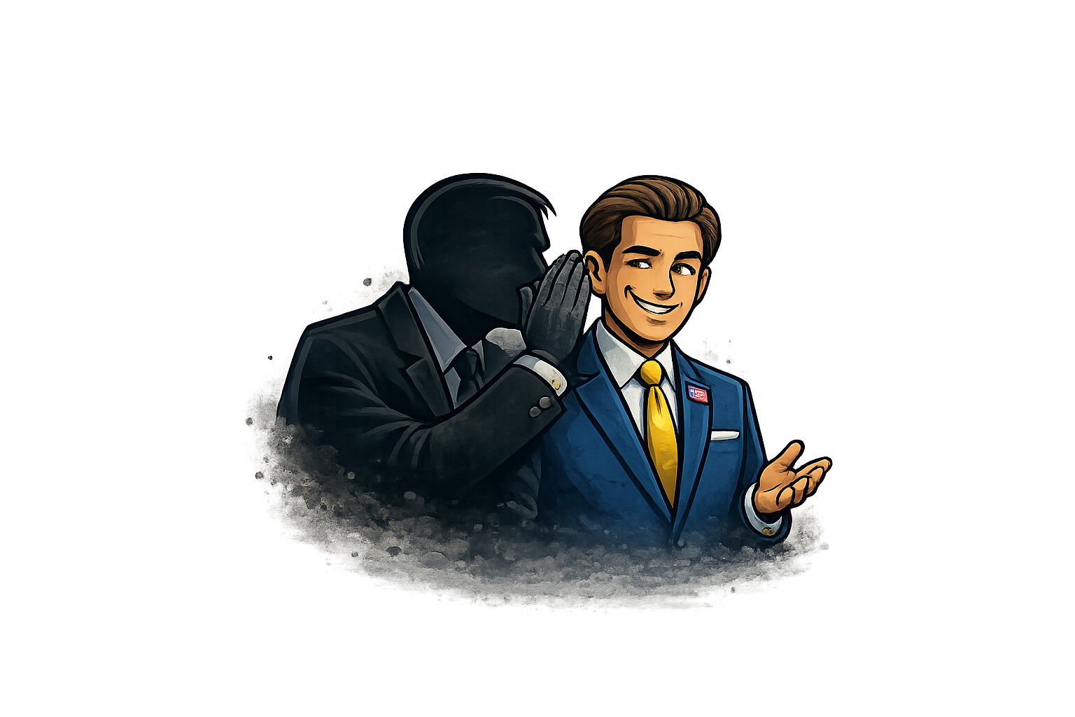 A cartoon illustration of a man whispering into another man's ear at a political event. The whisperer is wearing a black suit and the man being whispered to is smiling, dressed in a blue suit with a yellow tie, and has an American flag pin on his lapel. The background features a red, white, and blue theme.