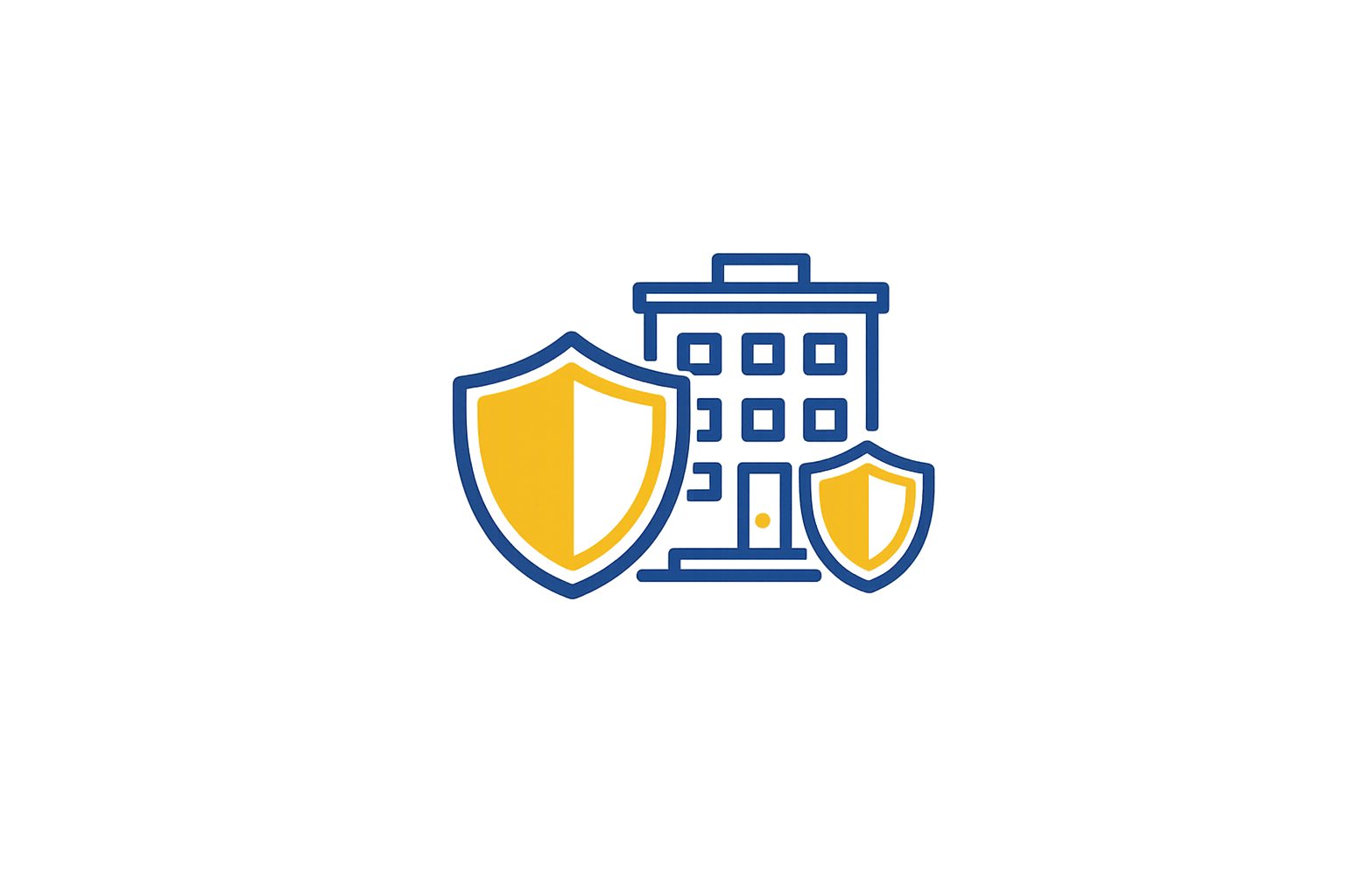 Illustration of a building with two shields in front, symbolizing security or protection.
