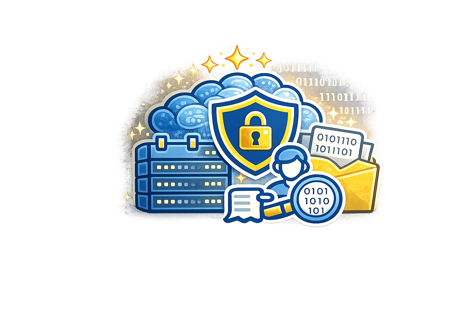 Illustration of cybersecurity concepts including a shield with a lock, a magnifying glass with binary code, a server, a folder with binary files, and digital binary code in the background.