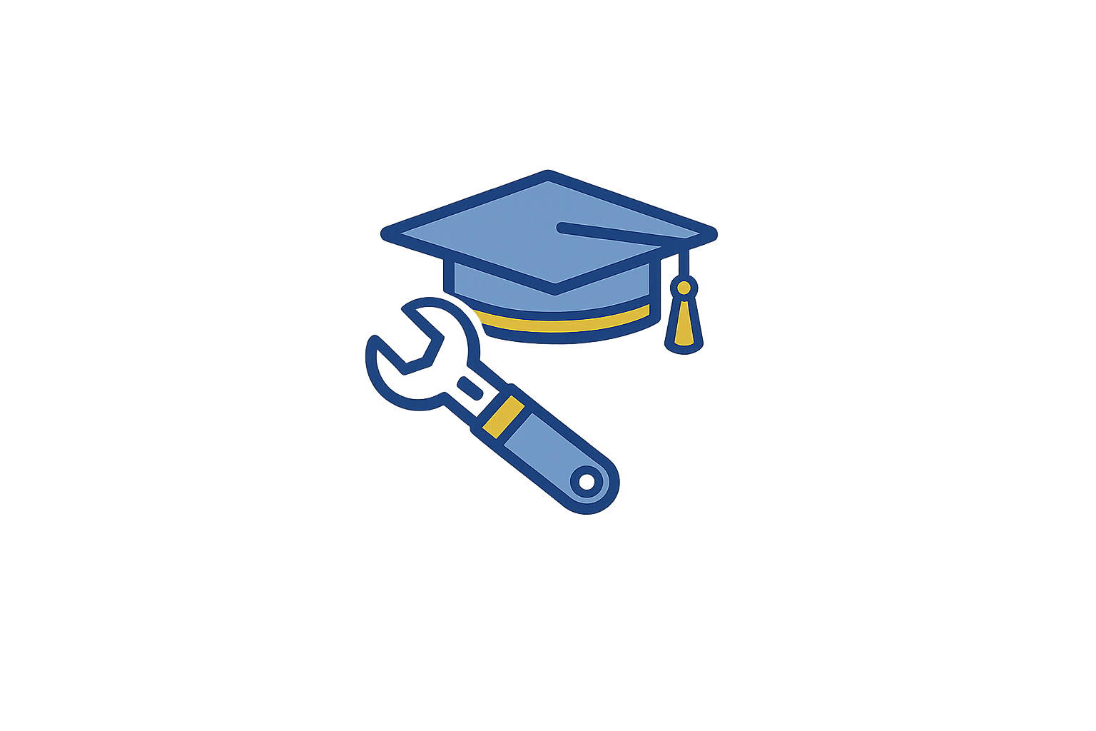 Icon of a graduation cap, wrench, and screwdriver indicating education or training in technical skills.
