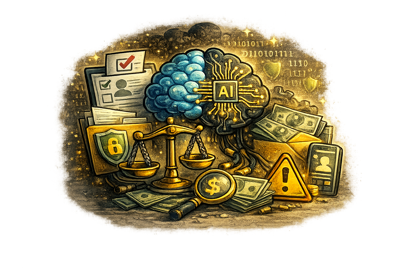 Illustration of AI technology with a brain and AI chip, surrounded by money, checklists, a shield with a lock, a warning sign, and digital icons, symbolizing data security, financial aspects, and artificial intelligence.