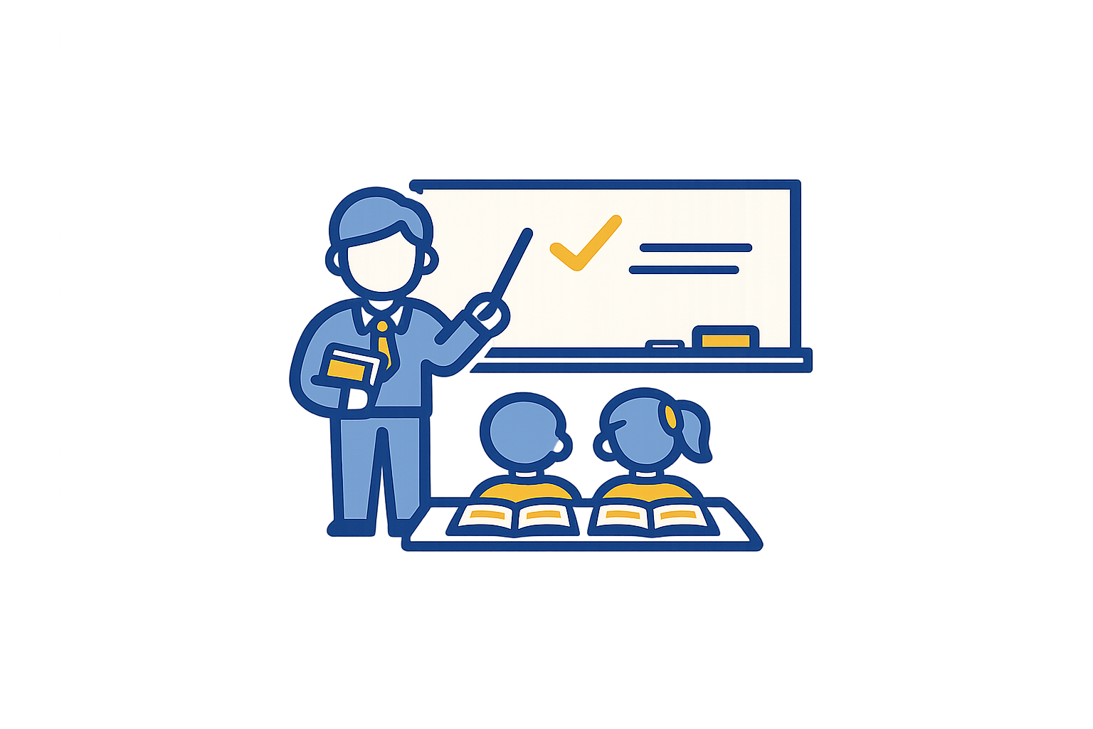 A digital illustration of a teacher standing in front of a classroom, pointing at a whiteboard with a pointer. The whiteboard has a checkmark and lines on it. Two students are sitting at desks in front of the teacher, looking at the whiteboard. The students are reading open books, and the classroom background is colorful and abstract.