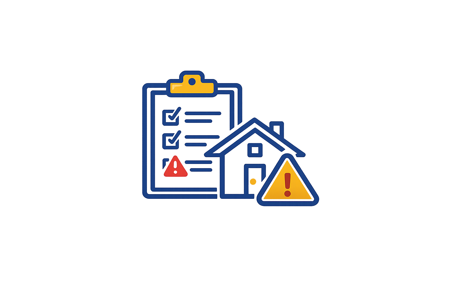 Digital illustration of a house with warning and alert icons, including a clipboard with checkmarks and exclamation marks, indicating issues or alerts in a home.