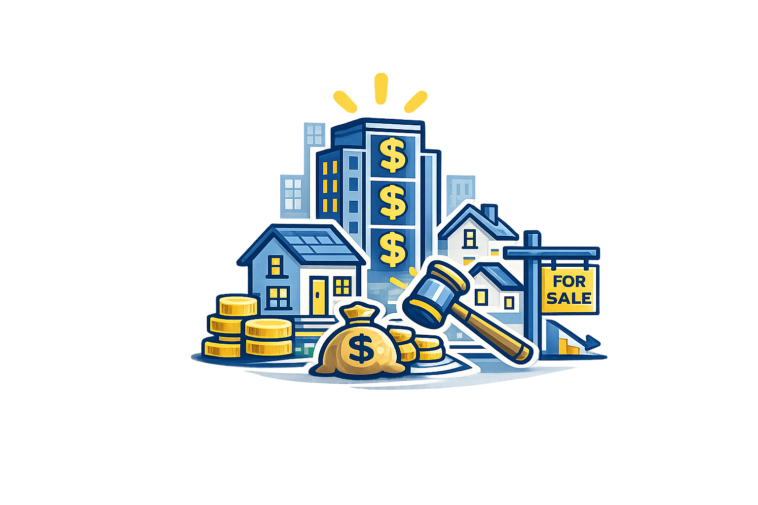 Illustration of real estate and legal symbols including houses, skyscrapers with dollar signs, a gavel, coins, a money bag, and a 'For Sale' sign.