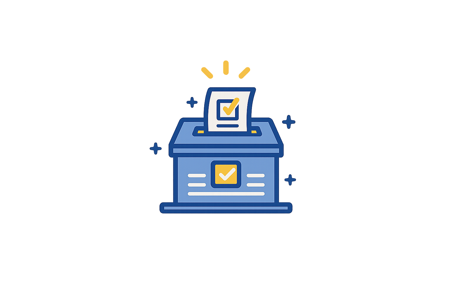 An electronic voting machine with a checkmark on the screen, accompanied by a ballot with a checkmark, indicating a vote or election process.