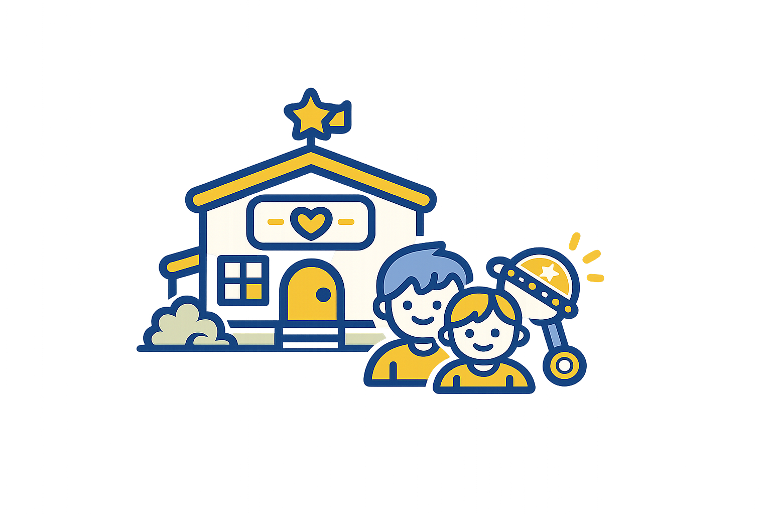 Cartoon illustration of a house with a star on the roof, two smiling children, and a toy sword, with a grey background.
