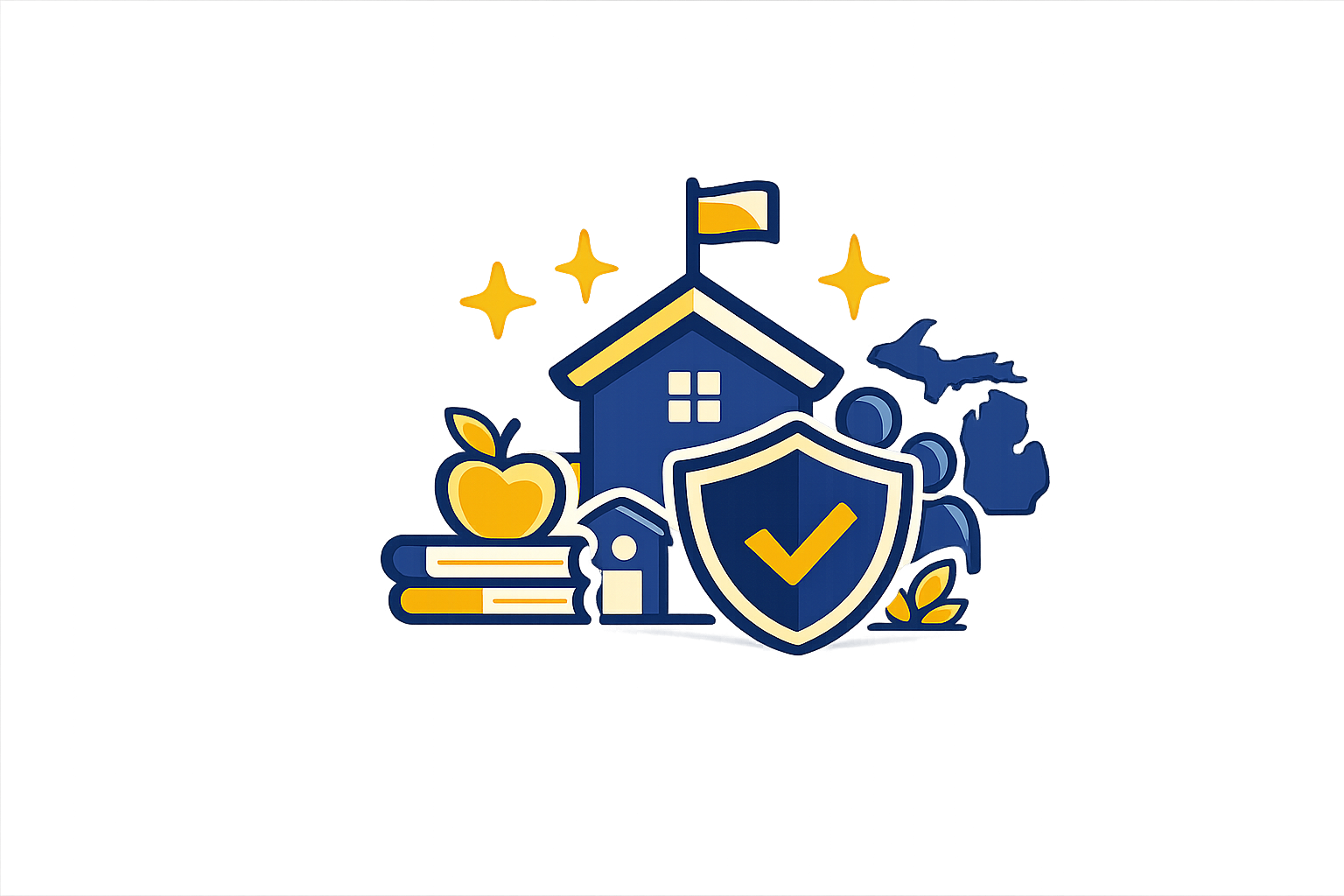 Illustration of a school building with a flag, shield with checkmark, books, apple, map, and sparkling stars, symbolizing education and safety.