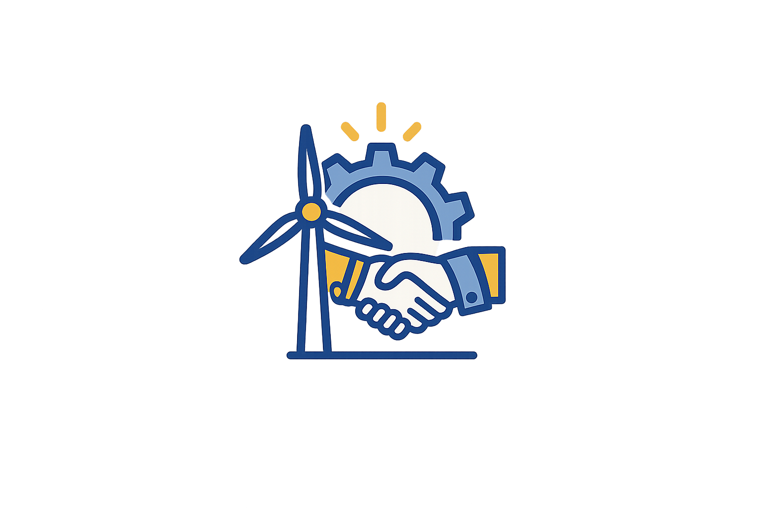 Illustration of two hands shaking in front of a gear and wind turbine, symbolizing partnership and renewable energy.