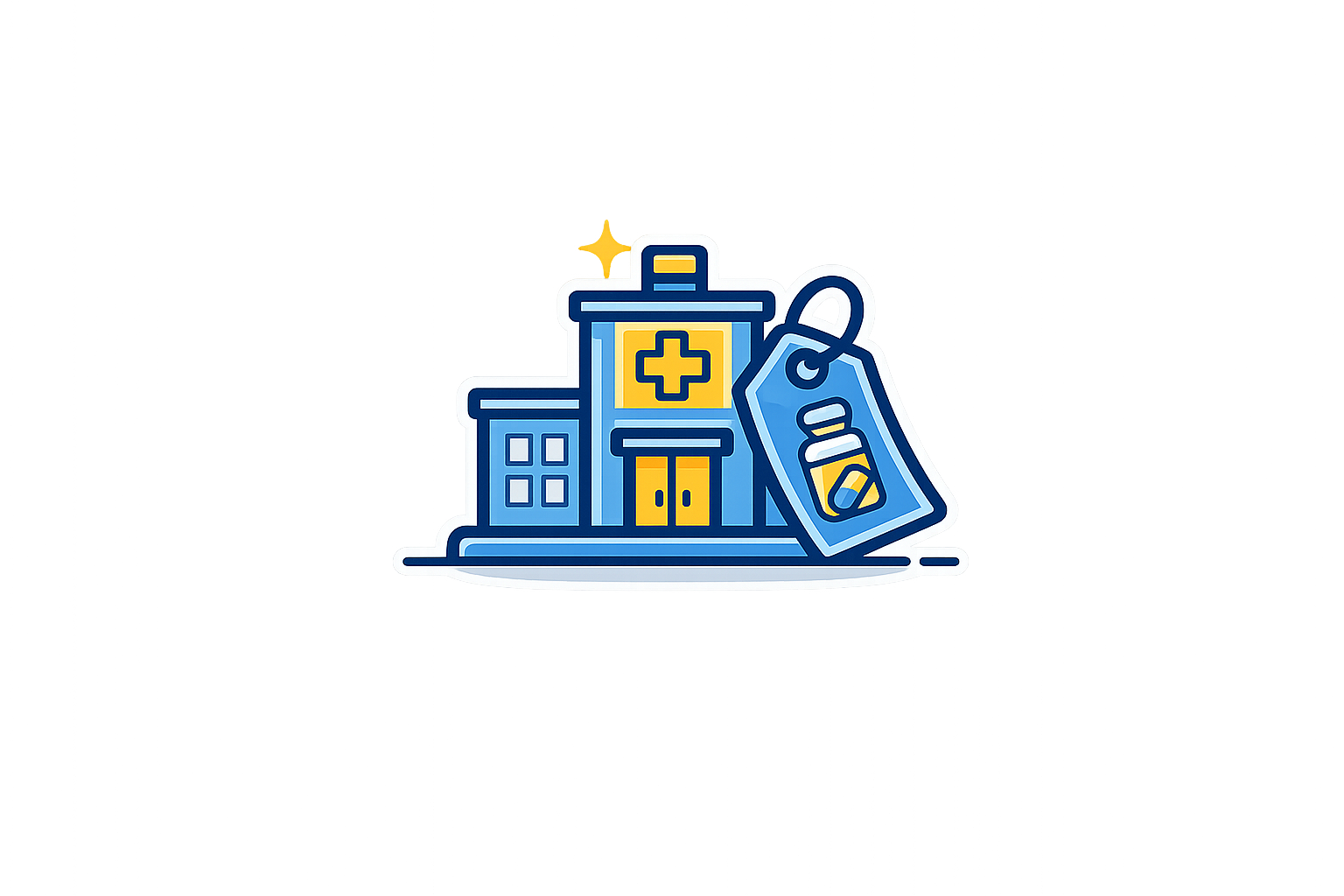 A digital illustration of a hospital building with a medical cross symbol and an attached medication tag with capsules.