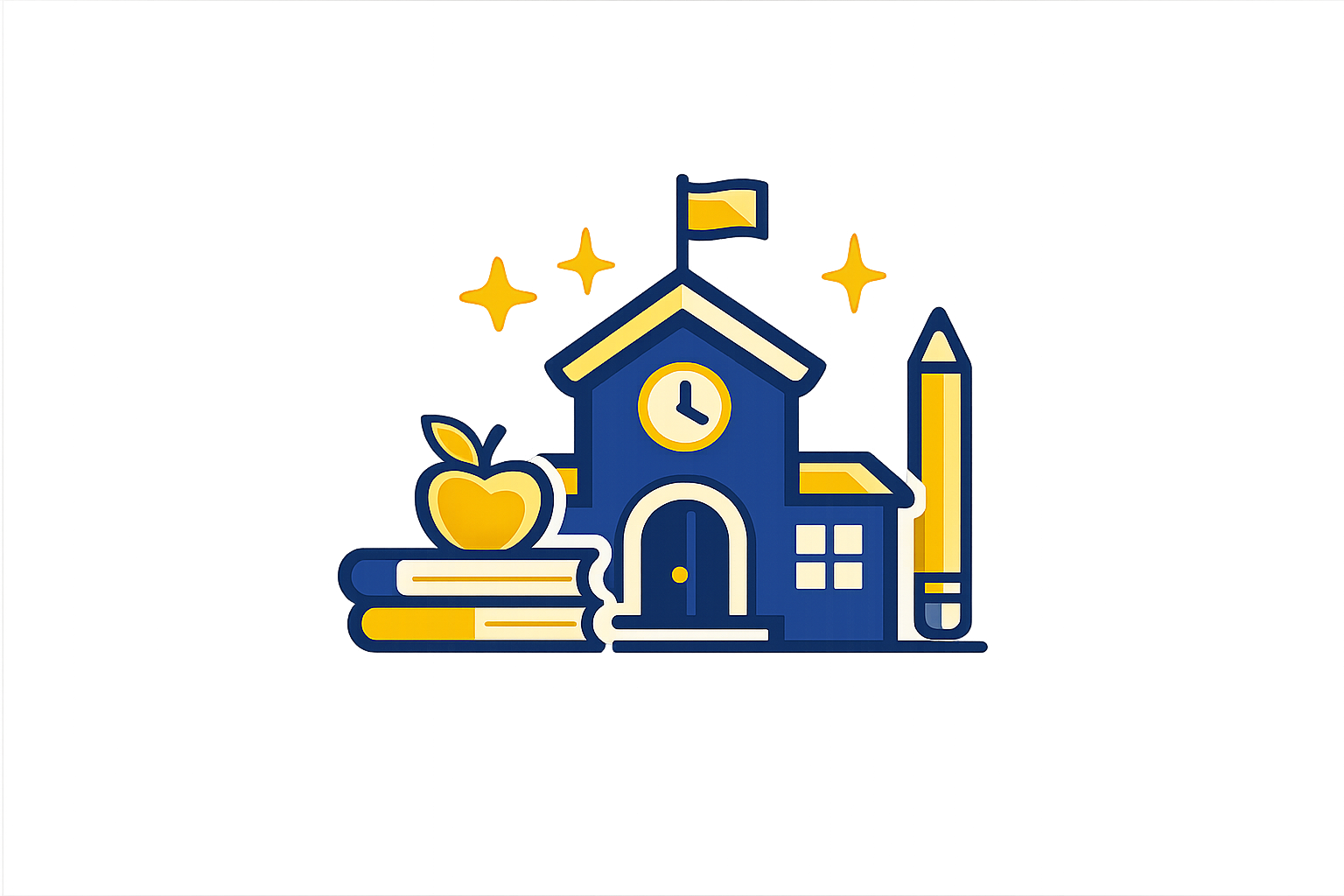School icon with clock, apple, books, pencil, and star symbols, in yellow and blue colors.