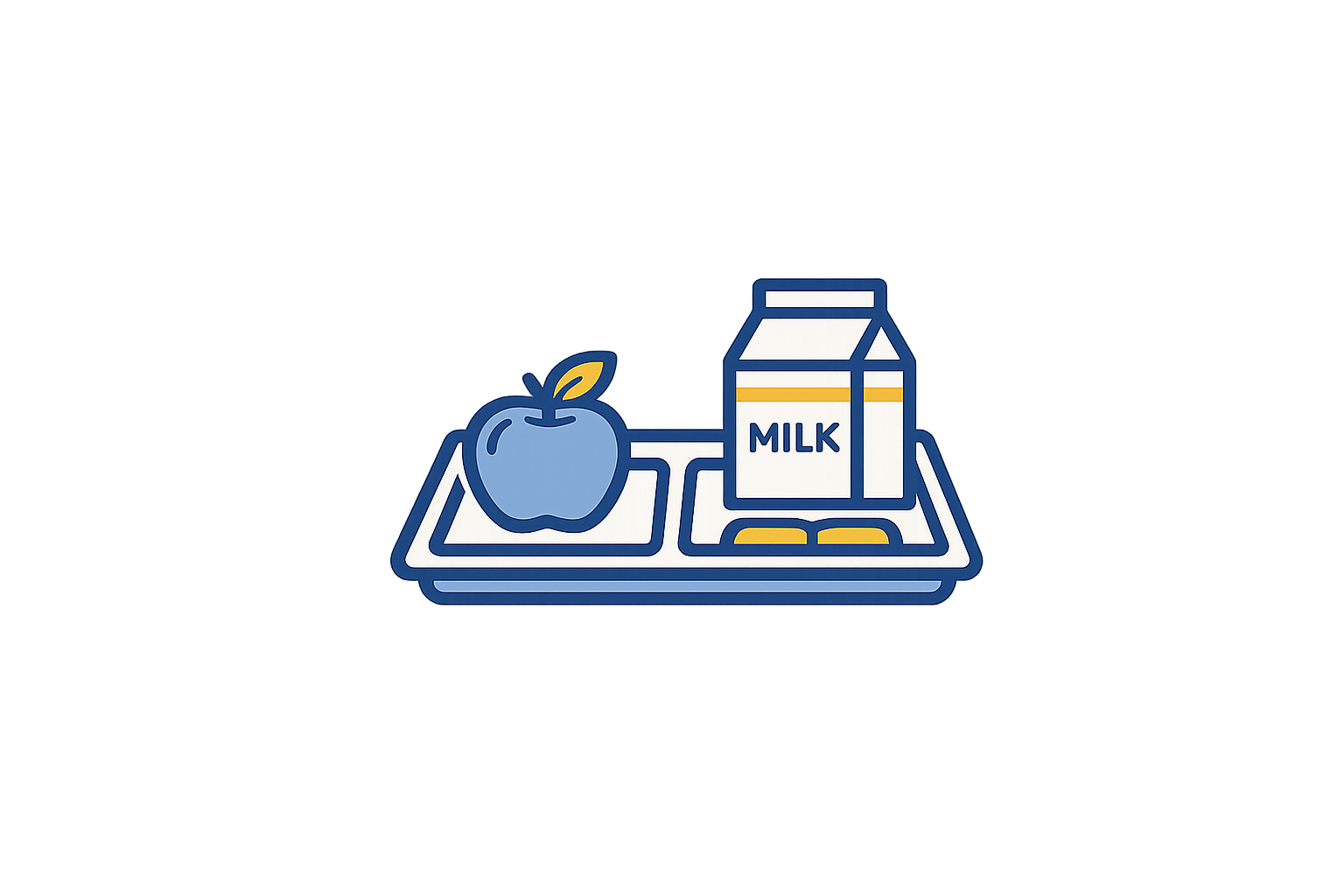 Neon sign of a tray holding a blue apple, a carton of milk, and a small yellow sandwich.