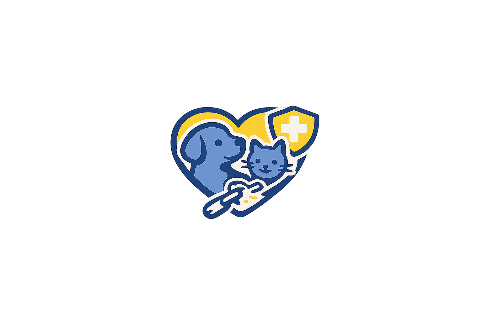 Sticker with a cartoon of a dog and a cat inside a heart, with a yellow shield featuring a medical cross above them.