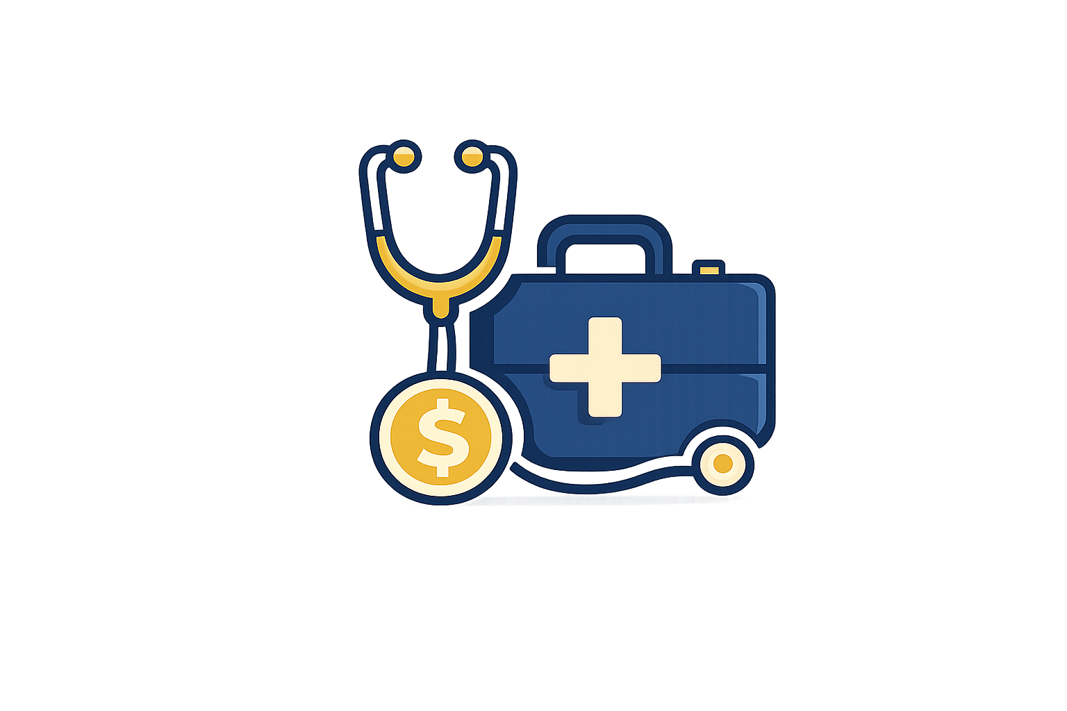 Computer illustration of medical or healthcare insurance with a stethoscope, first aid kit, and a dollar coin.