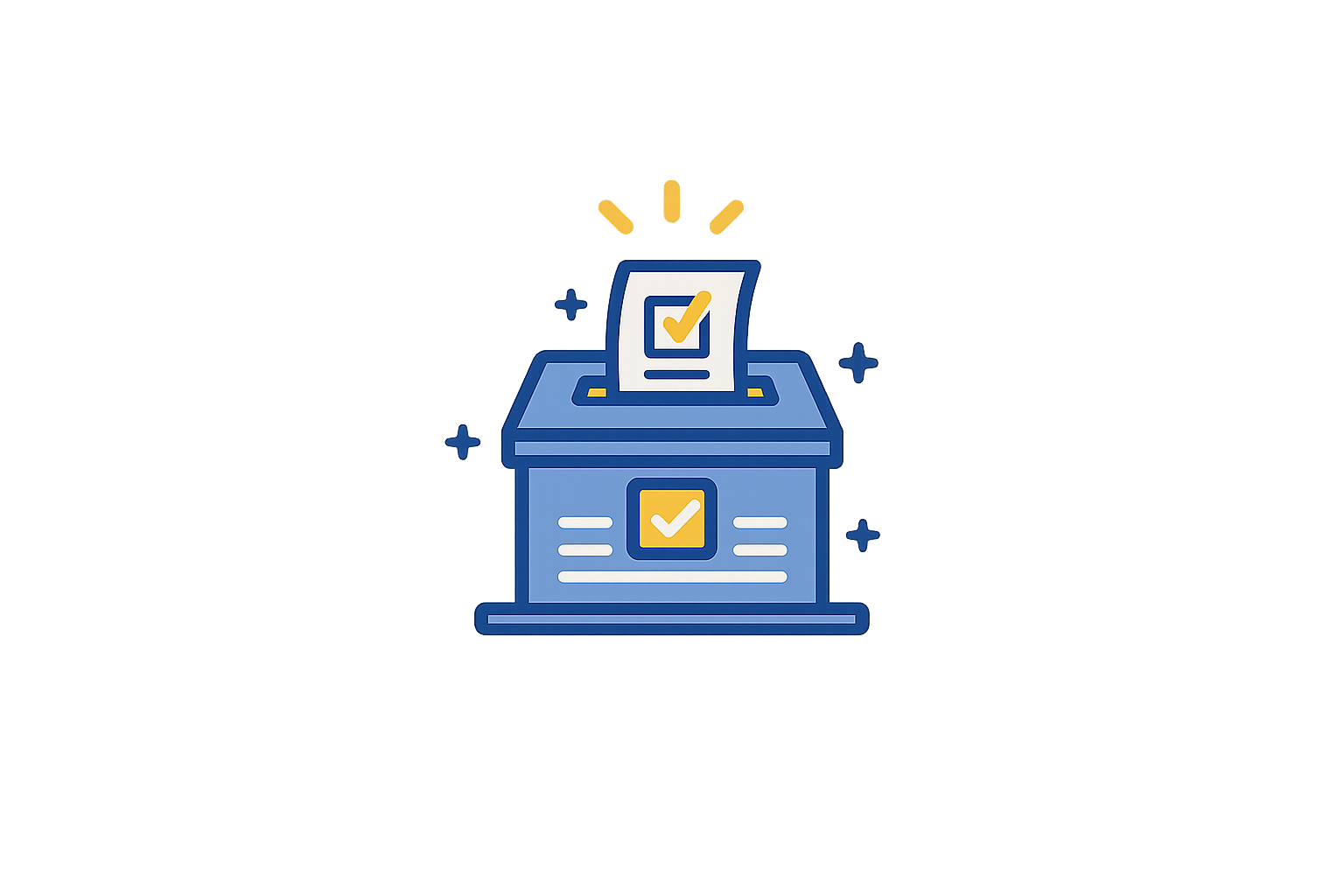 Illustration of a ballot box with a checkmarked paper being inserted, glowing with yellow and blue accents.