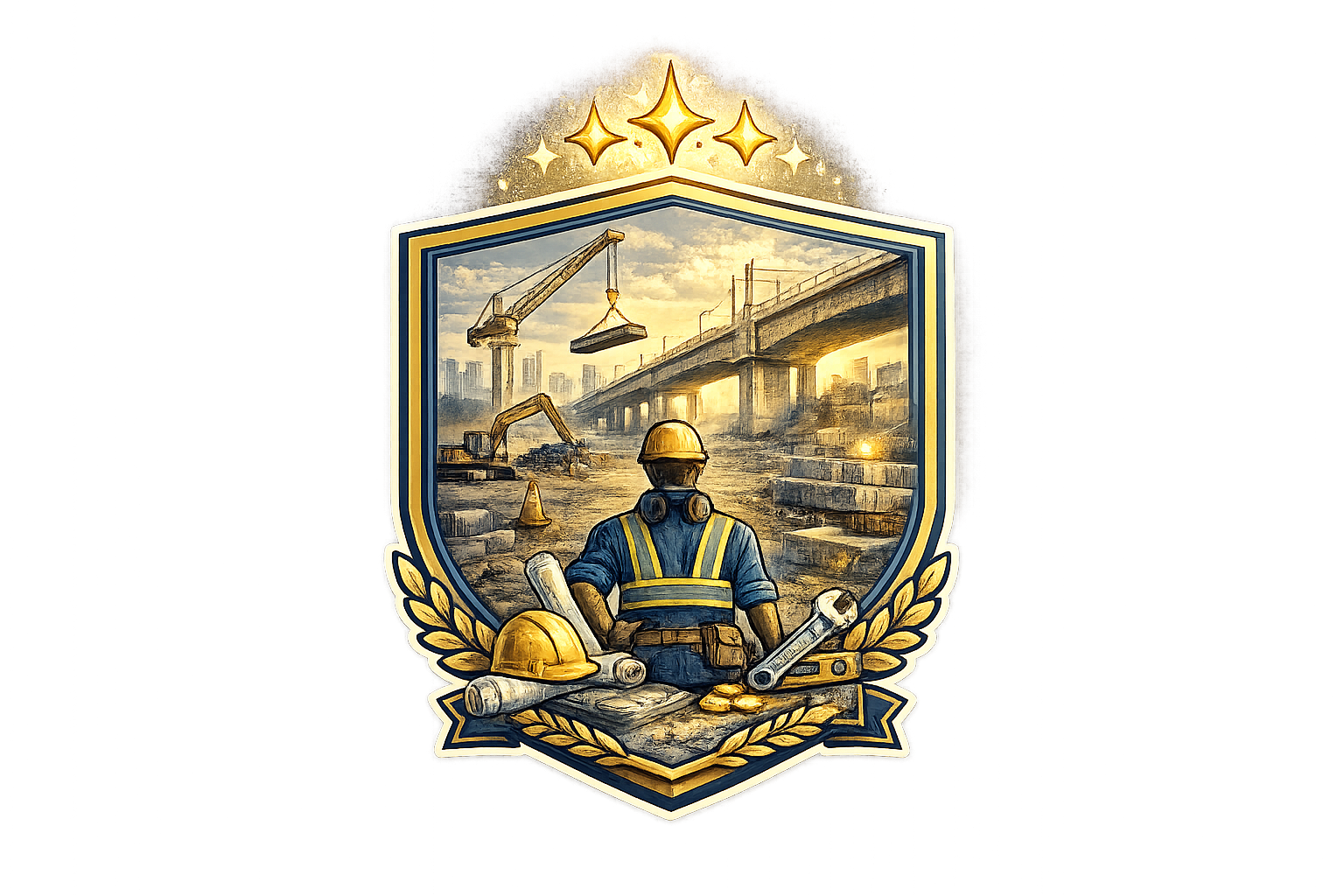 A construction worker stands at a construction site, looking at a bridge under construction with cranes, during sunset. The worker is wearing a yellow hard hat and safety vest, with blue overalls, and is surrounded by rolled-up blueprints and a hard hat. The scene is framed within a crest-like emblem with gold stars and laurel leaves.