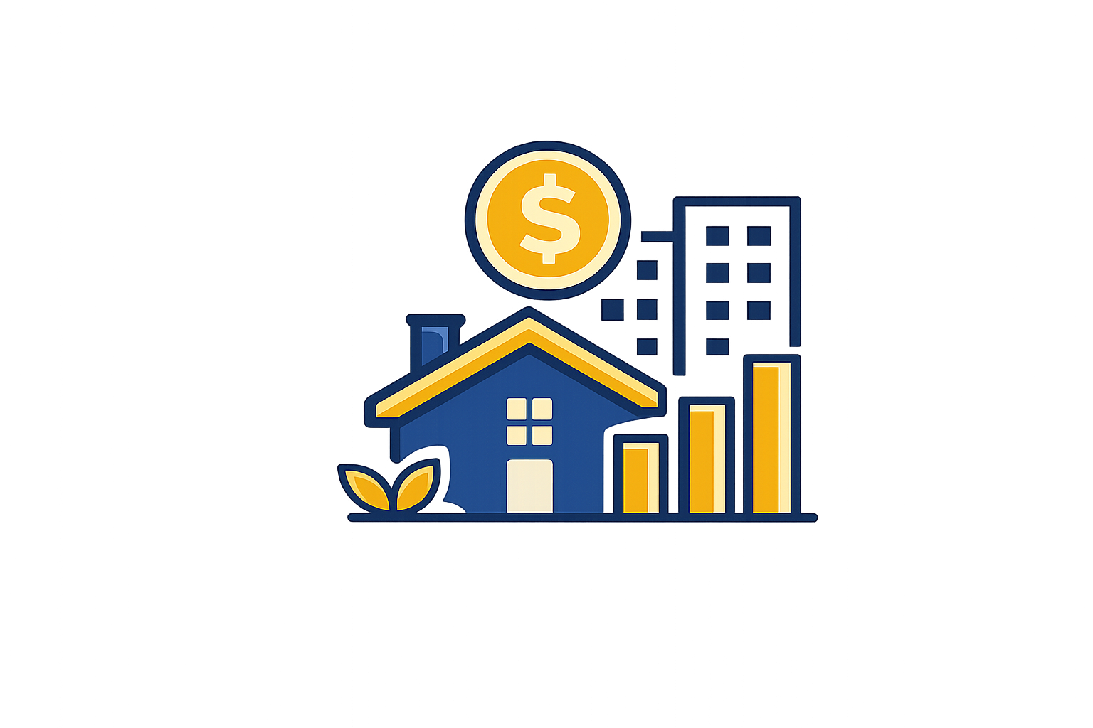 Illustration of a house with a small plant, growing bar chart, a dollar coin above, and a cityscape of tall buildings behind.