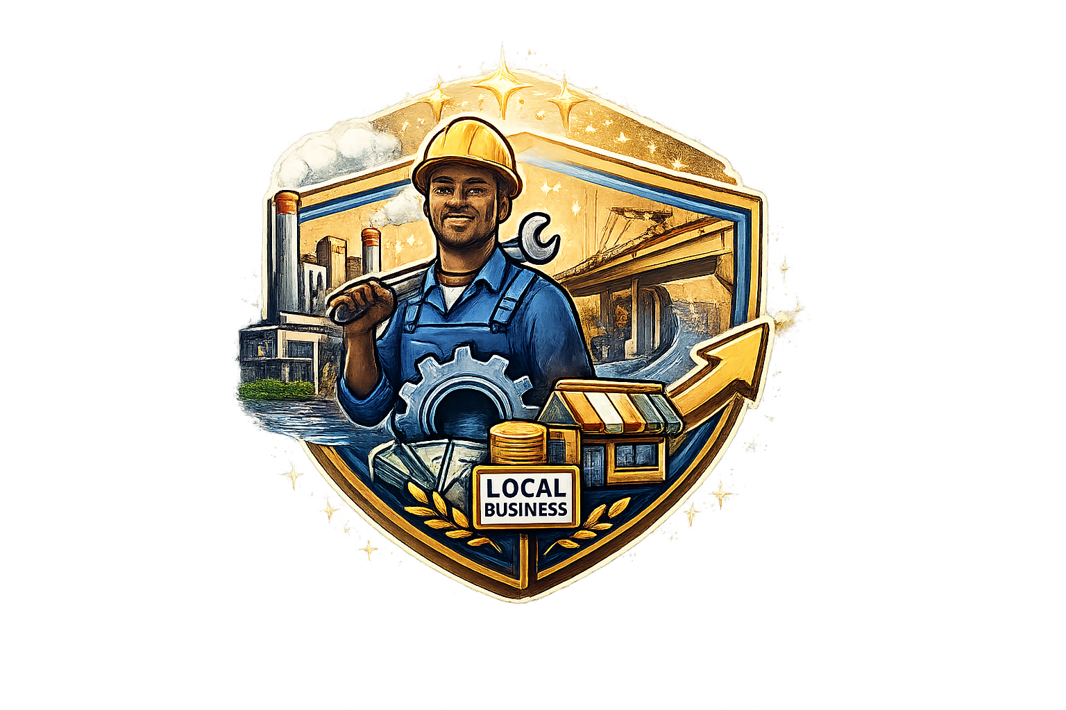 A colorful illuminated sign featuring a smiling worker in a blue uniform and yellow helmet, holding a wrench, with industrial factory and construction images, and a sign saying 'Local Business'.