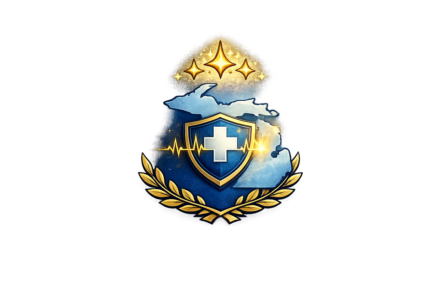 A digital illustration of a shield with a white cross, adorned with laurel leaves, a heartbeat line, and a glowing starry sky in the background.