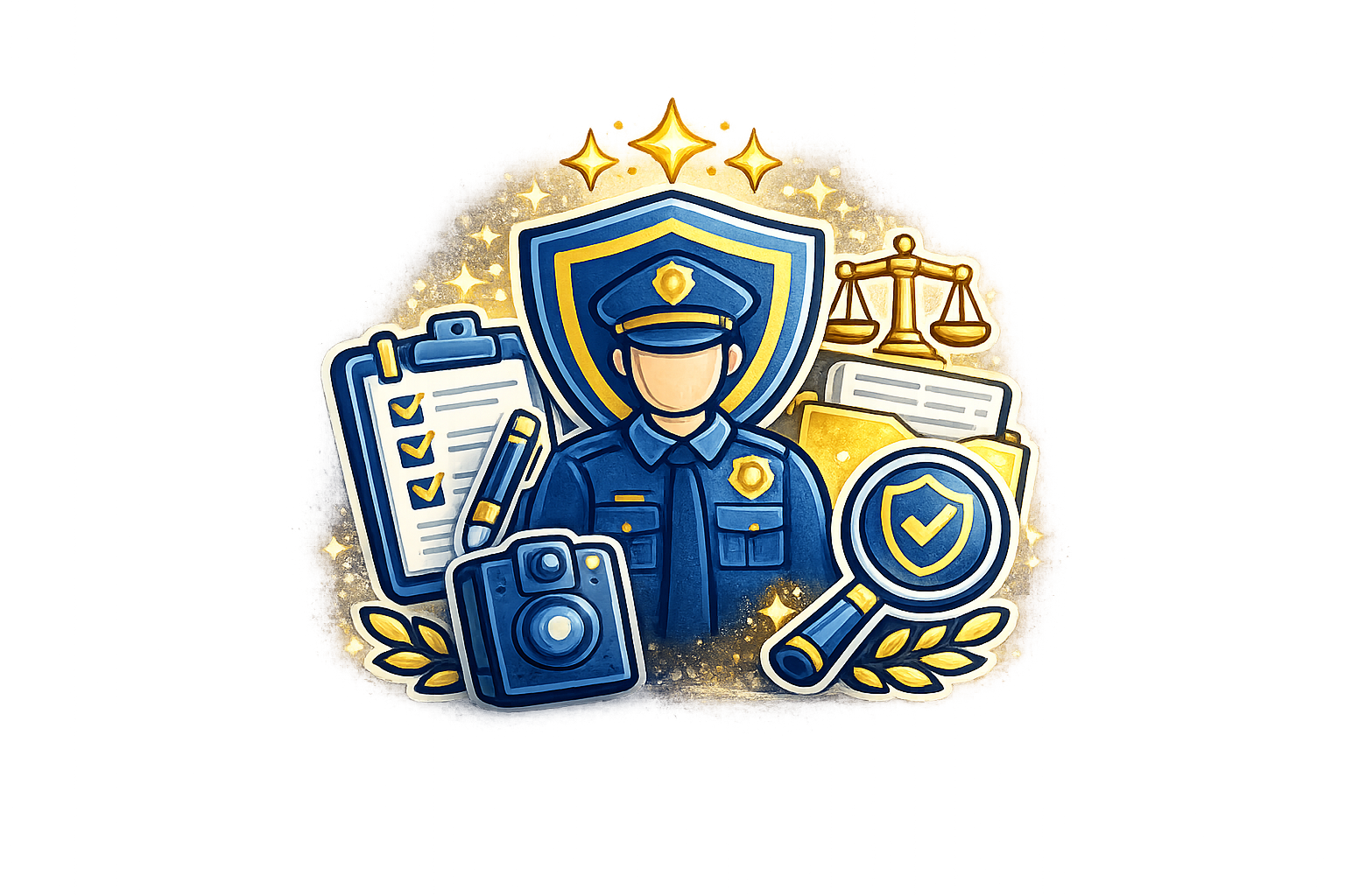 Illustration of a police officer in uniform, with a shield behind him, accompanied by police-related items such as a clipboard, police badge, magnifying glass, documents, a scanner, and scales of justice, all surrounded by glowing stars and accents.