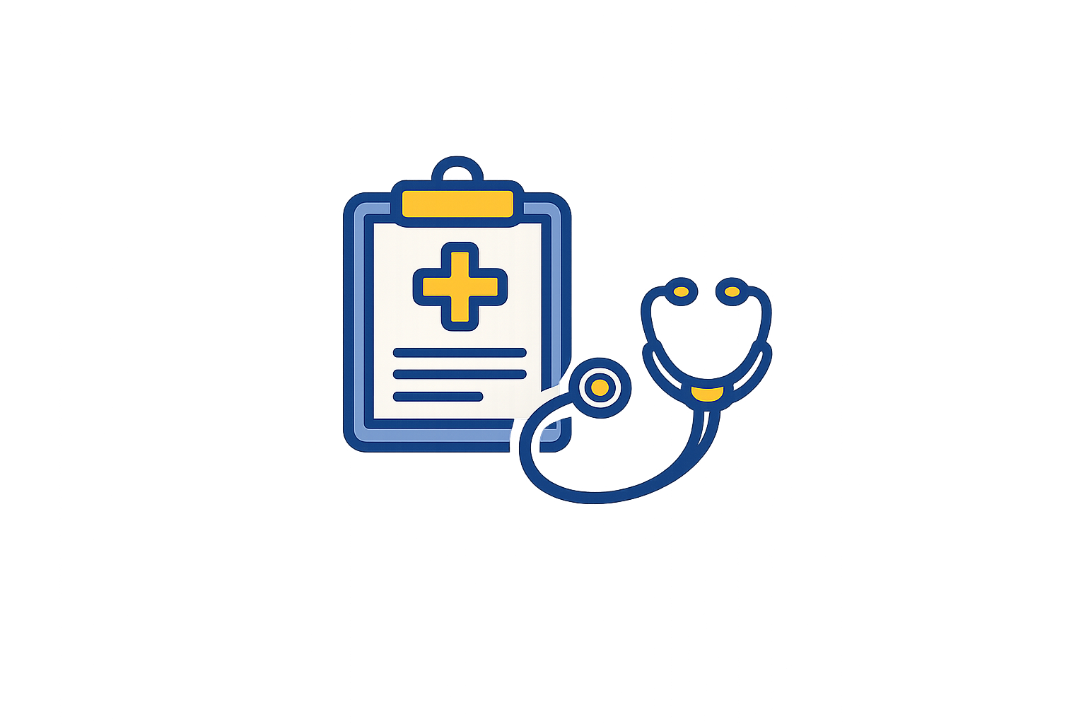 Medical clipboard with a yellow cross, a blue stethoscope, and a smiling face icon on a colorful abstract background.
