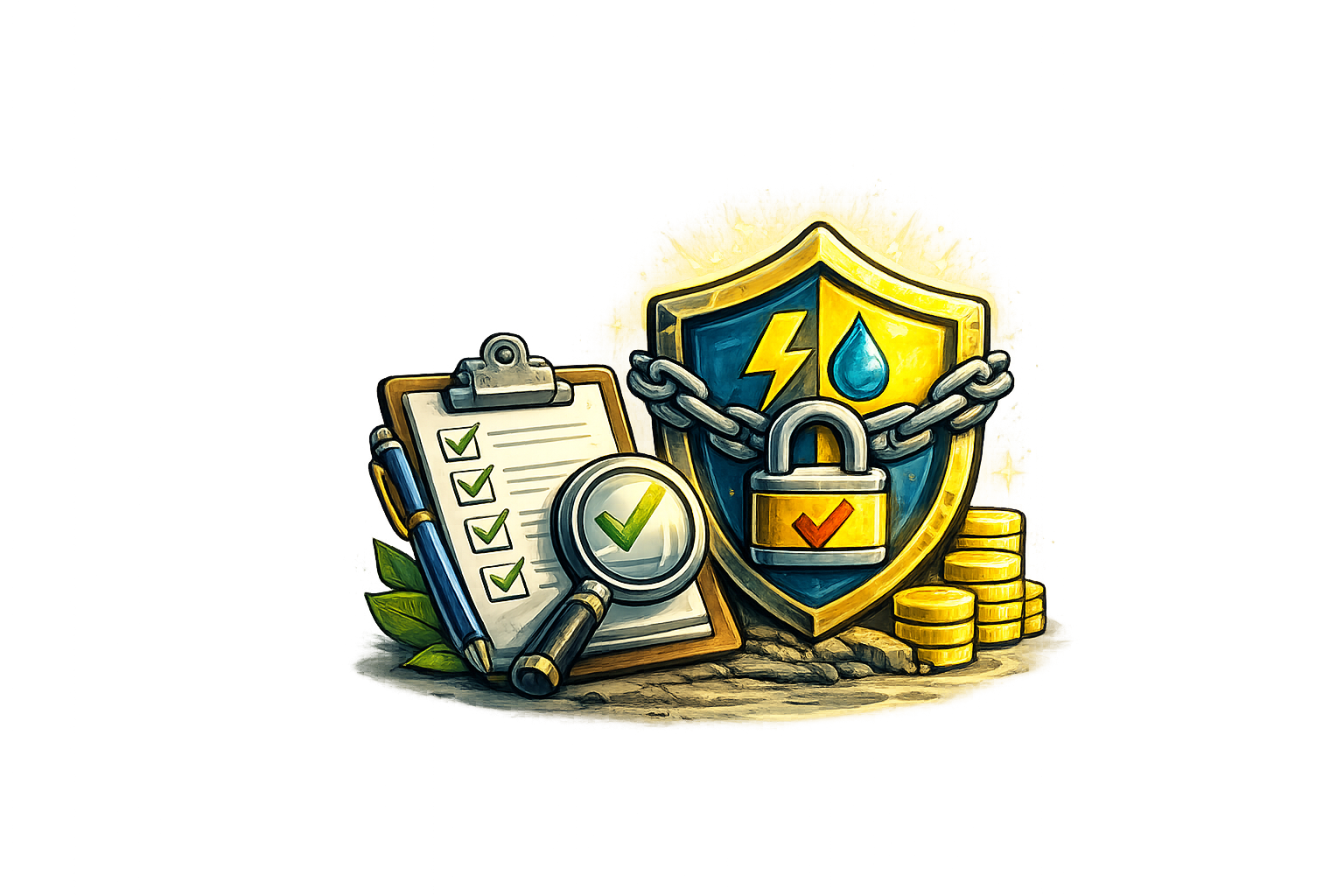 A digital illustration of a shield with a lightning bolt and water droplet, symbolizing protection, chained and secured with a lock. Next to it is a clipboard with checkmarks, a magnifying glass, and a pen, representing security checks. Gold coins are stacked nearby, signifying value or rewards.