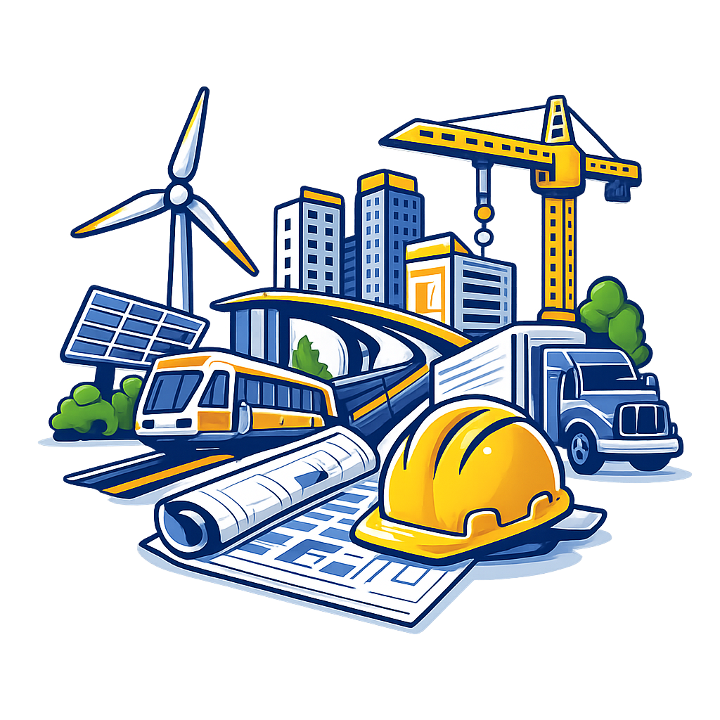 Illustration of renewable energy and construction elements, including wind turbines, solar panels, a city skyline, a construction crane, a delivery truck, a blueprint, and a safety helmet.