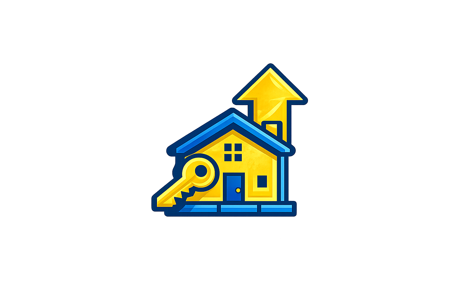 A sticker featuring a yellow house with a blue roof, a large key below the house, and a yellow upward arrow above, symbolizing home ownership or real estate.