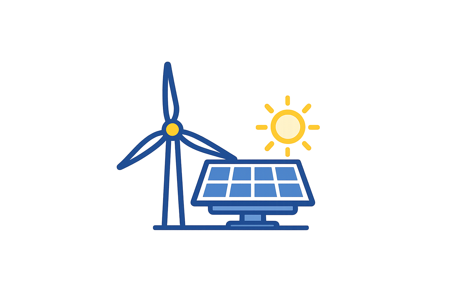 Illustration of renewable energy sources including a wind turbine, solar panel, and the sun.