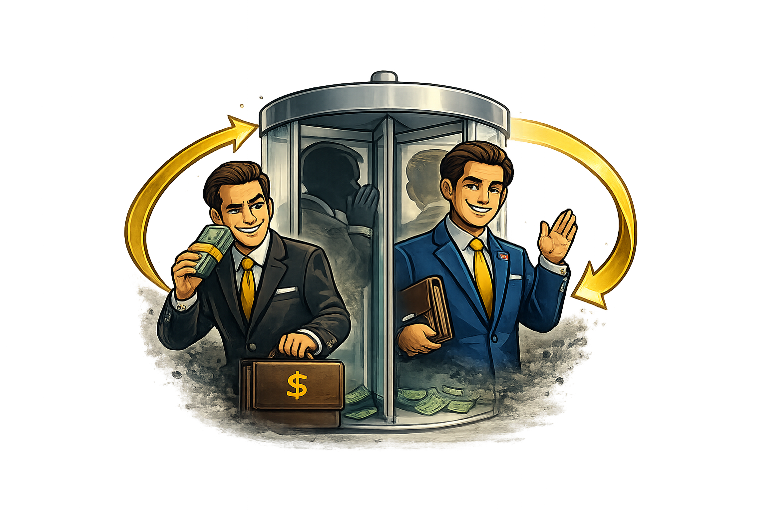 Illustration of two men in suits, one holding money and a briefcase, the other holding a notebook, inside a glass telephone booth, symbolizing business communication and financial success.