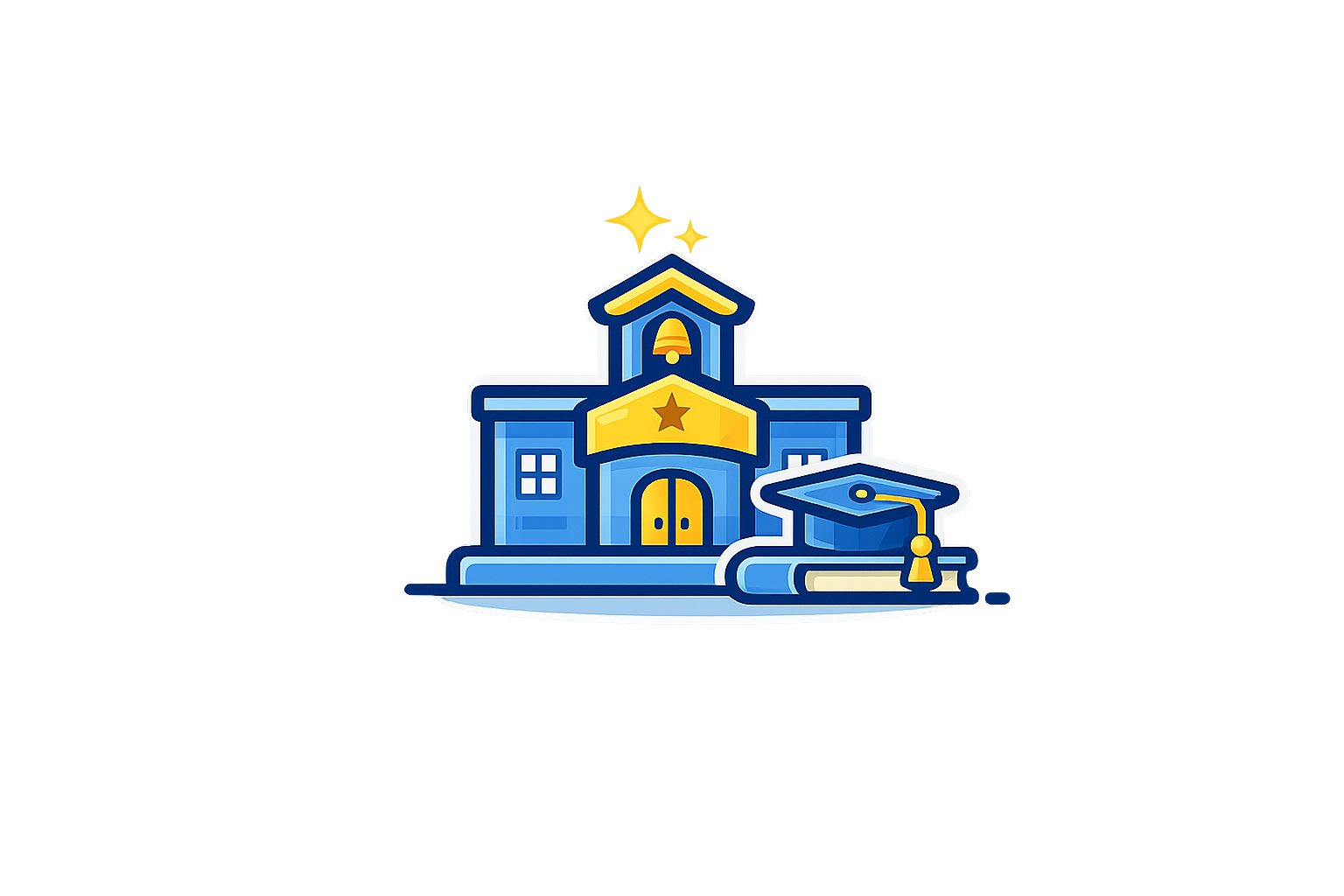 Illustration of a school building with a yellow star above the entrance, a graduation cap, and a book in front.