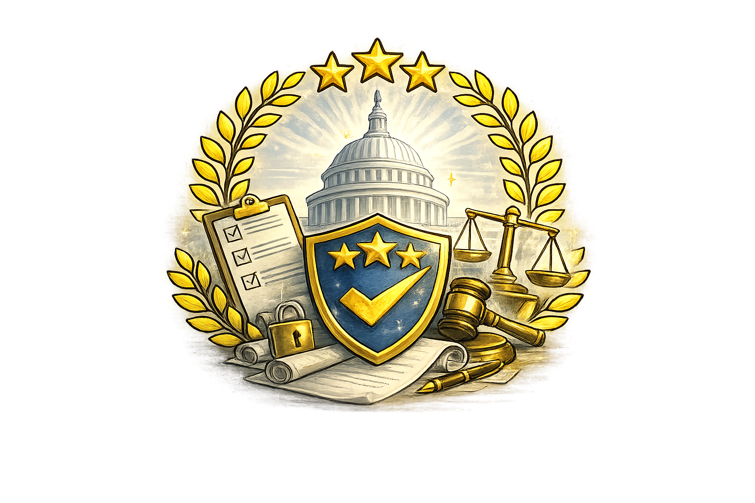 Artwork depicting American law and justice, featuring a Capitol building, a shield with three stars and a checkmark, scales of justice, a gavel, law scrolls, a locked padlock, a clipboard with checkmarks, and a pen, all surrounded by laurel branches.