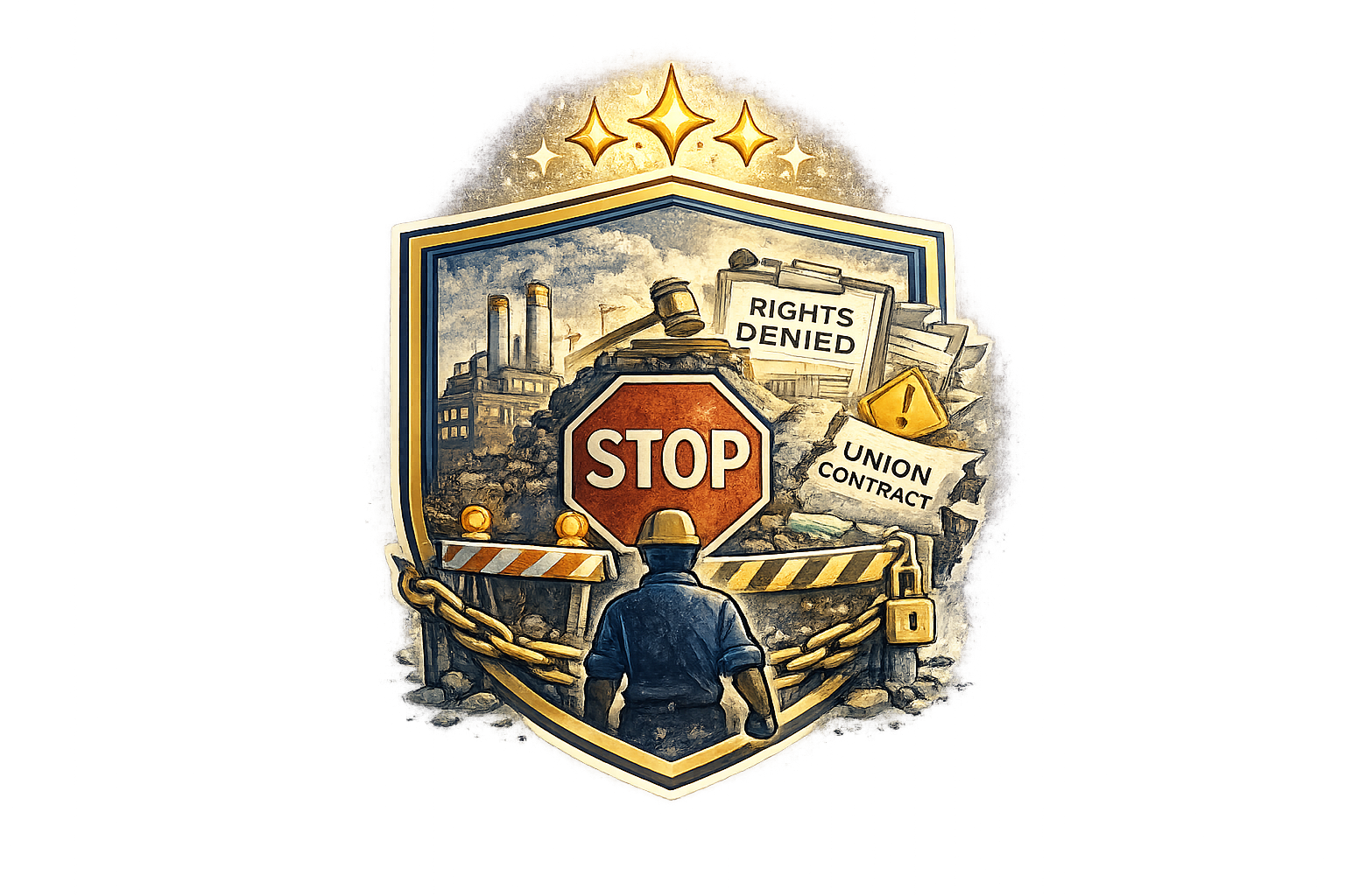 A poster showing a protest or strike scene with a person in industrial work attire, a stop sign, construction barriers, and signs with words like 'Rights Denied' and 'Union Contract'.