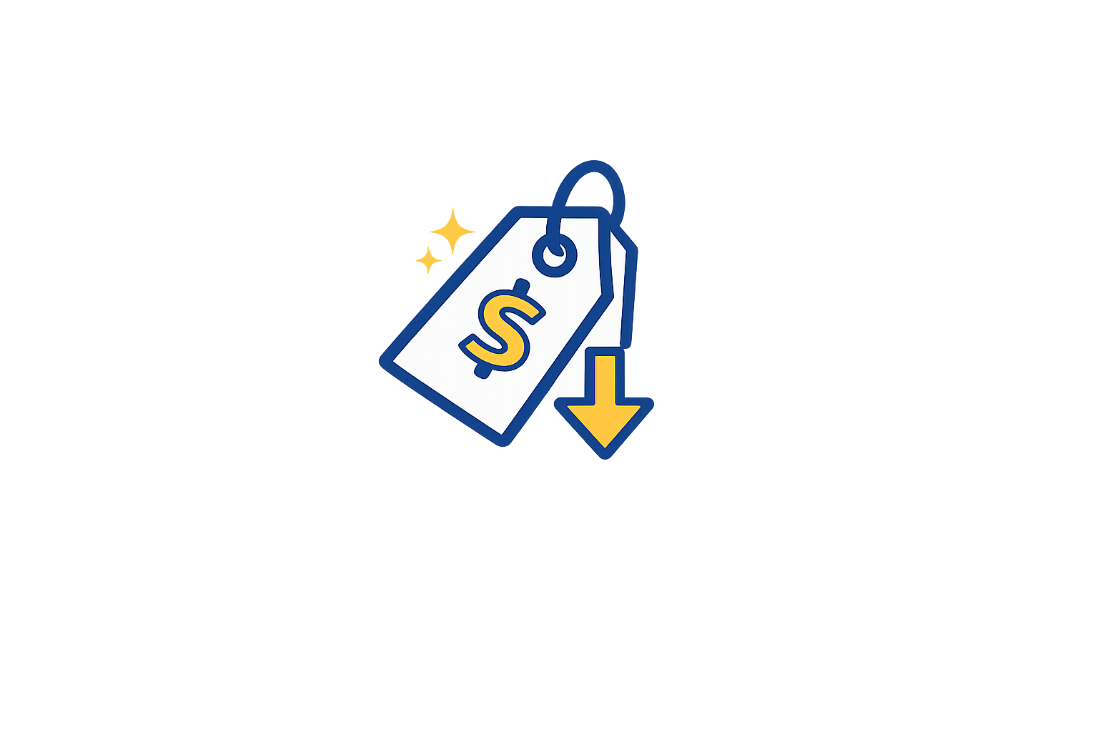 A digital illustration showing a price tag with a dollar sign and a downward arrow, indicating a price decrease or sale.