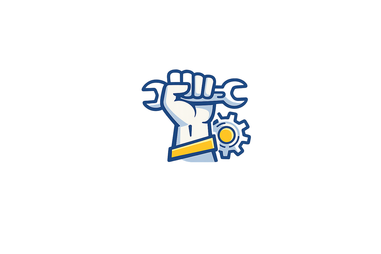 A stylized illustration of a fist holding a wrench and a gear, representing maintenance or repair, on a blue background.