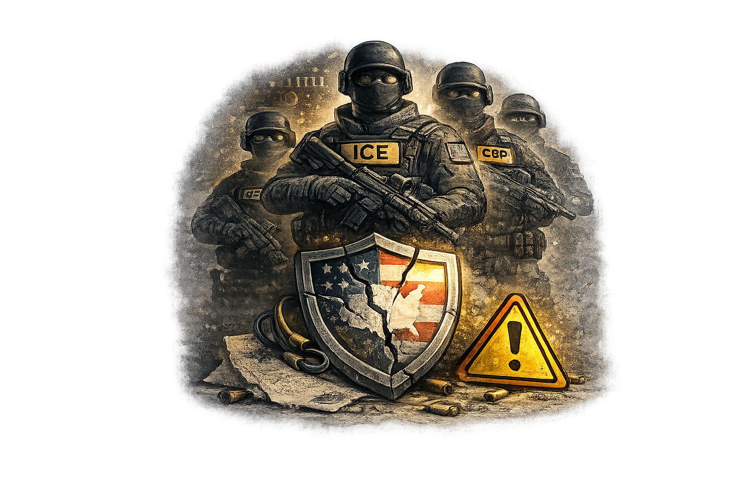 Illustration of four heavily armed soldiers wearing tactical gear and helmets, positioned in a formation. The central soldier holds a rifle, with a shield featuring the damaged American flag in front. A yellow warning sign with an exclamation mark is placed on the ground. The background is dark with illuminated streaks, emphasizing a war or conflict scene.