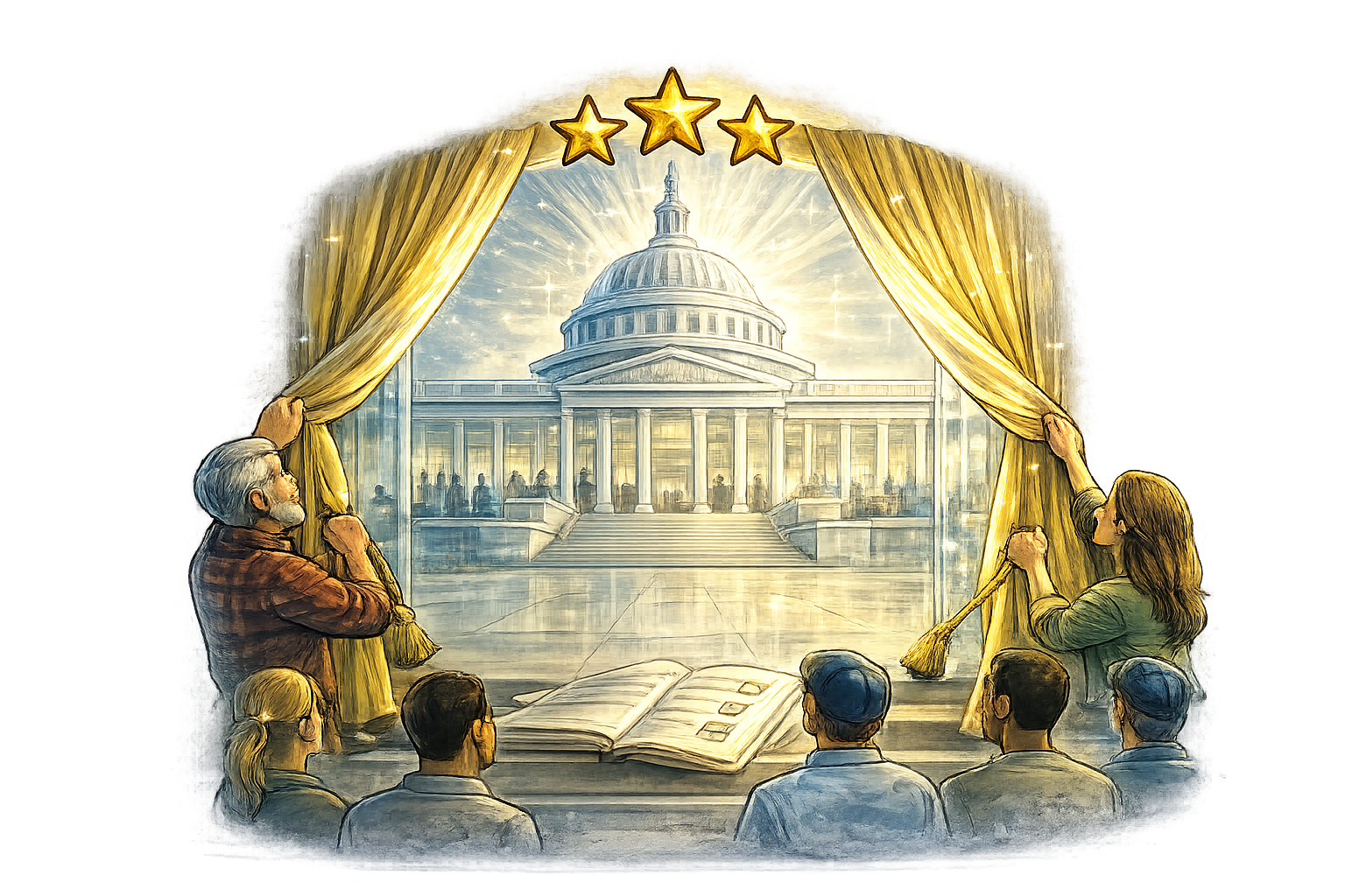 Illustration of a group of people, including an elderly man and a woman, opening golden curtains to reveal the U.S. Capitol building with a radiant sky behind it, and an open book and three gold stars above.