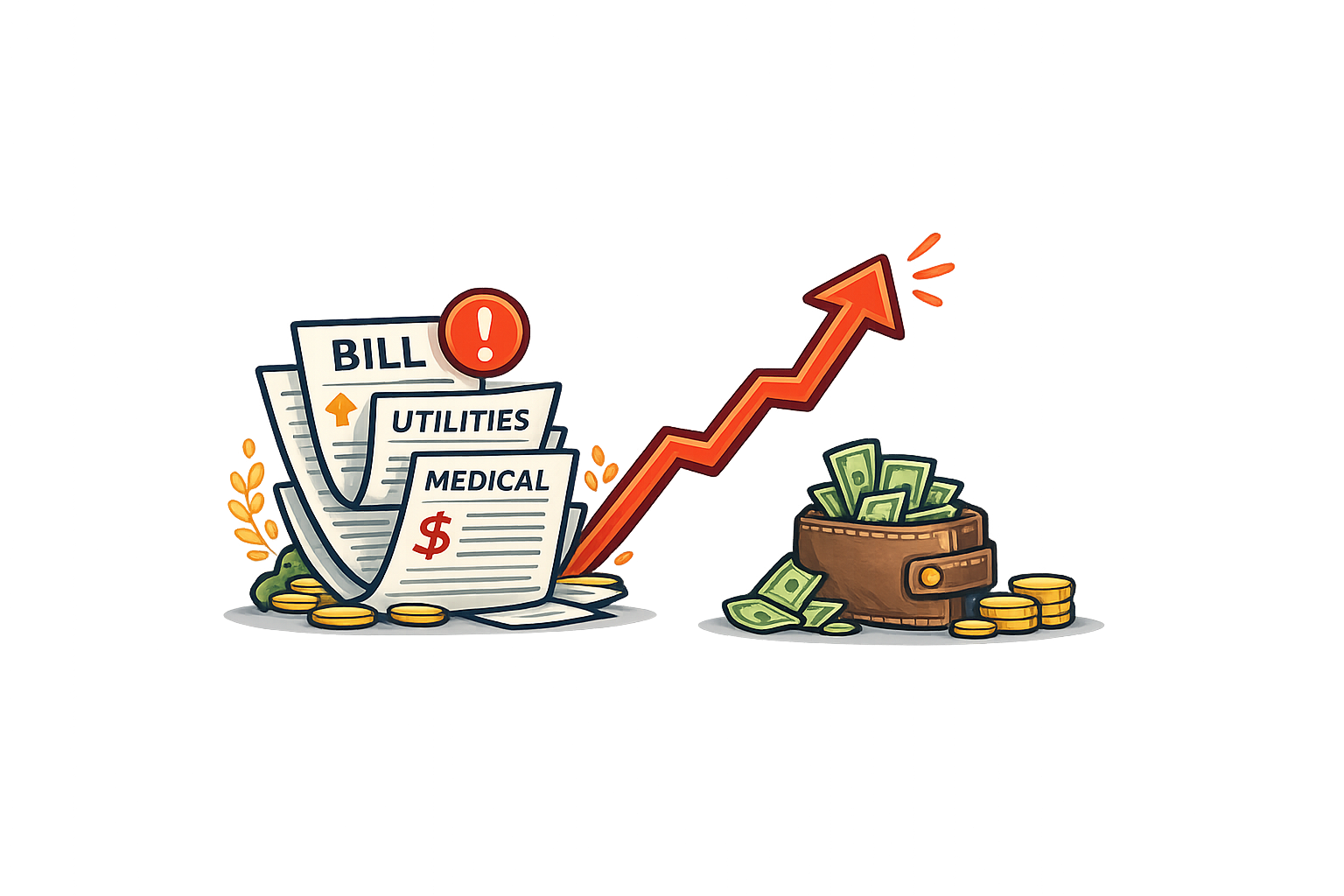 A cartoon illustration showing bills labeled 'utilities,' 'medical,' and an exclamation mark indicating a warning, with coins and a wallet overflowing with cash. A red upward arrow indicates rising costs.