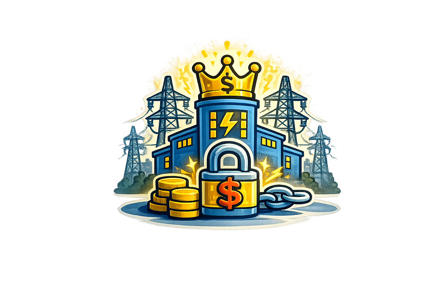 Illustration of a power plant with electricity symbols, coins, and a chain, topped with a crown with a dollar sign, representing energy and wealth.