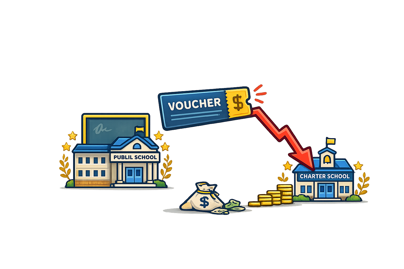 Illustration showing a decreasing trend in school funding or quality, with a school labeled 'Public School' on the left and another labeled 'Charter School' on the right, connected by a downward arrow. There are gold coins, a voucher with a dollar sign, a money bag, and scattered dollar bills indicating financial decline.