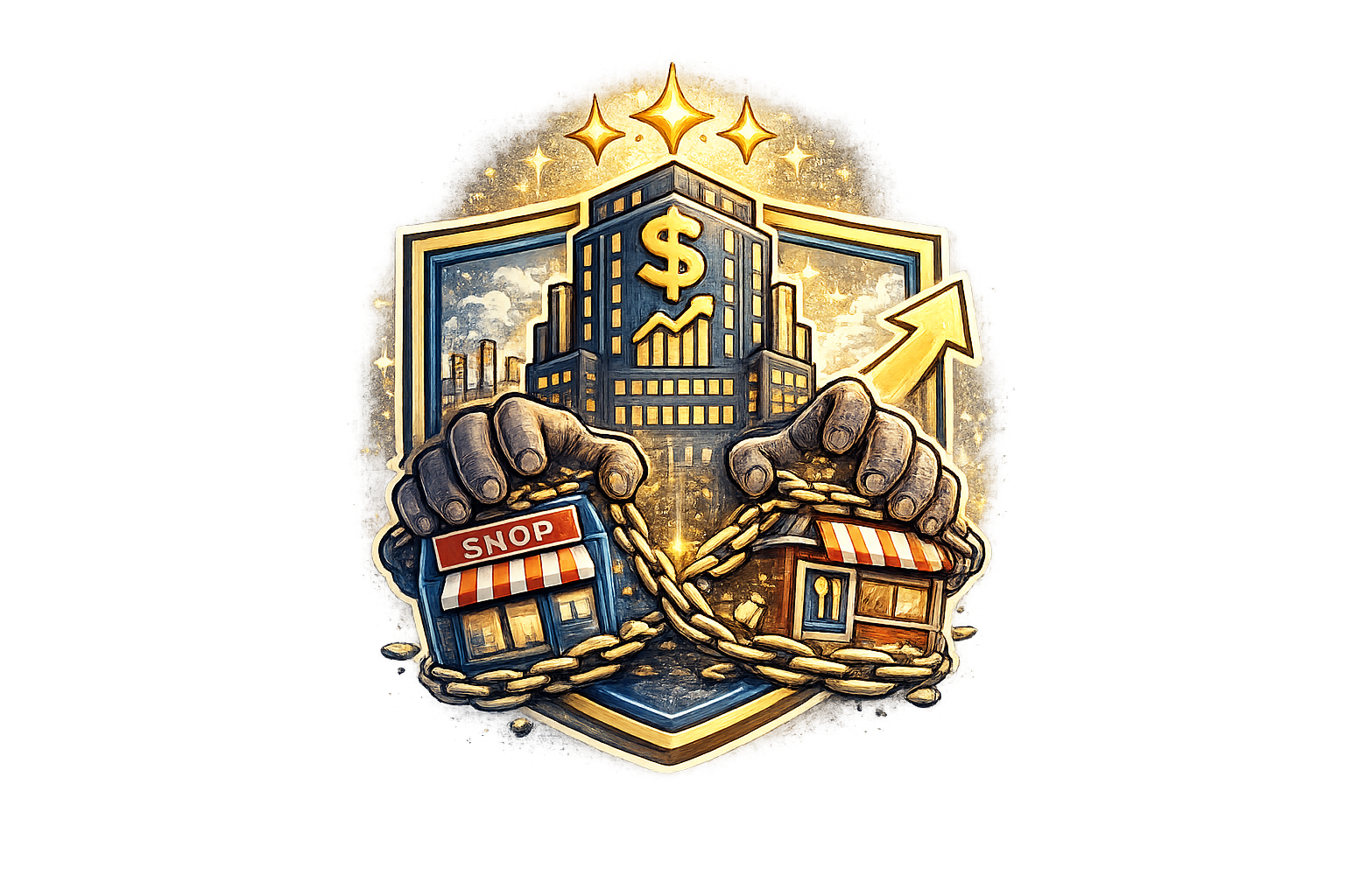 Illustration of a hand holding a chain around a storefront labeled 'SNOP' and a house, with a cityscape and upward trending arrow in the background, symbolizing economic growth and business restrictions.