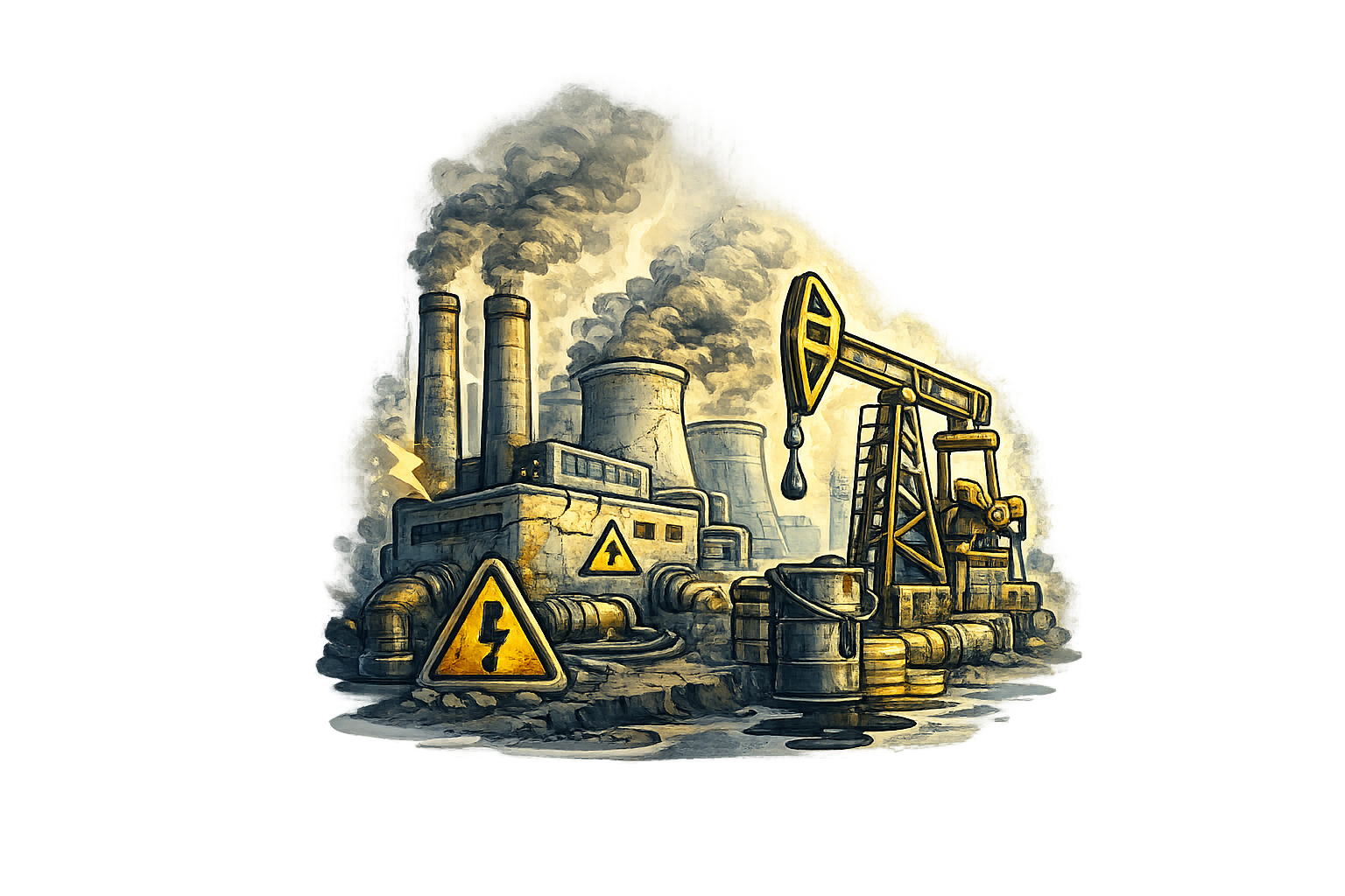 Illustration of an industrial factory emitting smoke with oil extraction equipment, warning signs, and pipes.