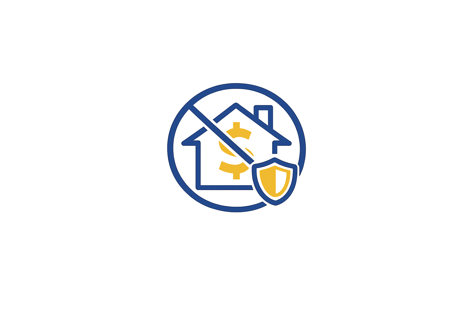 Digital illustration of a house with a shield and dollar sign, crossed out, representing cybersecurity or financial protection.