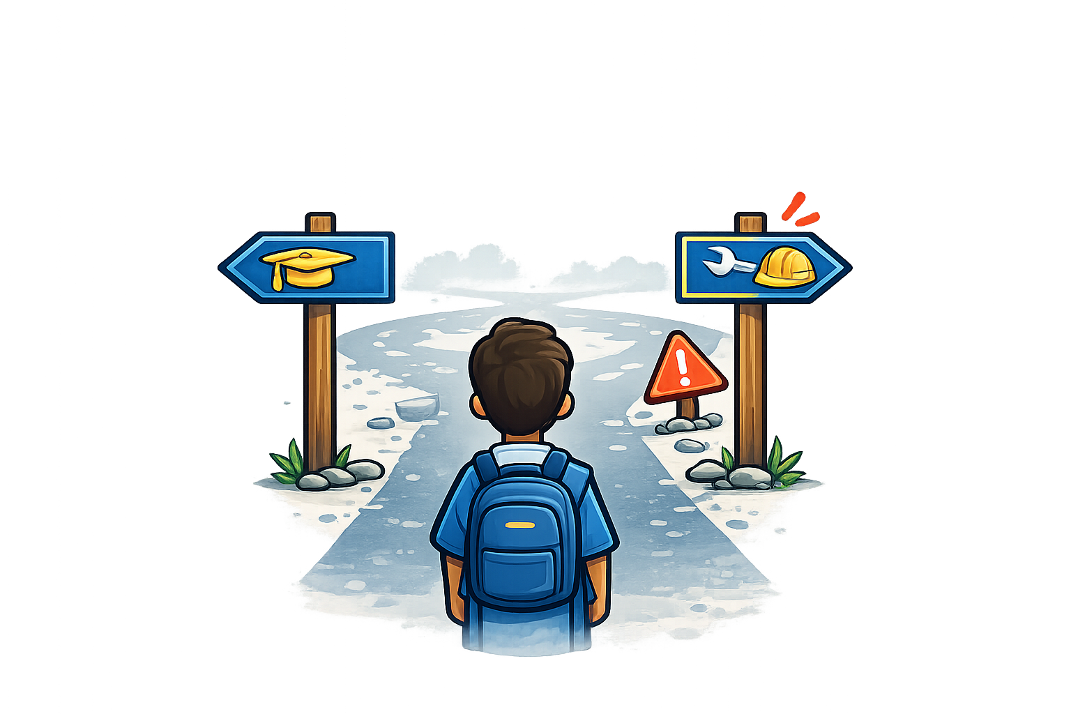 A person with a backpack standing at a pathway with signs indicating education and construction. The pathway is snowy with a warning sign in the middle, under a background of purple and black pixelated lights.