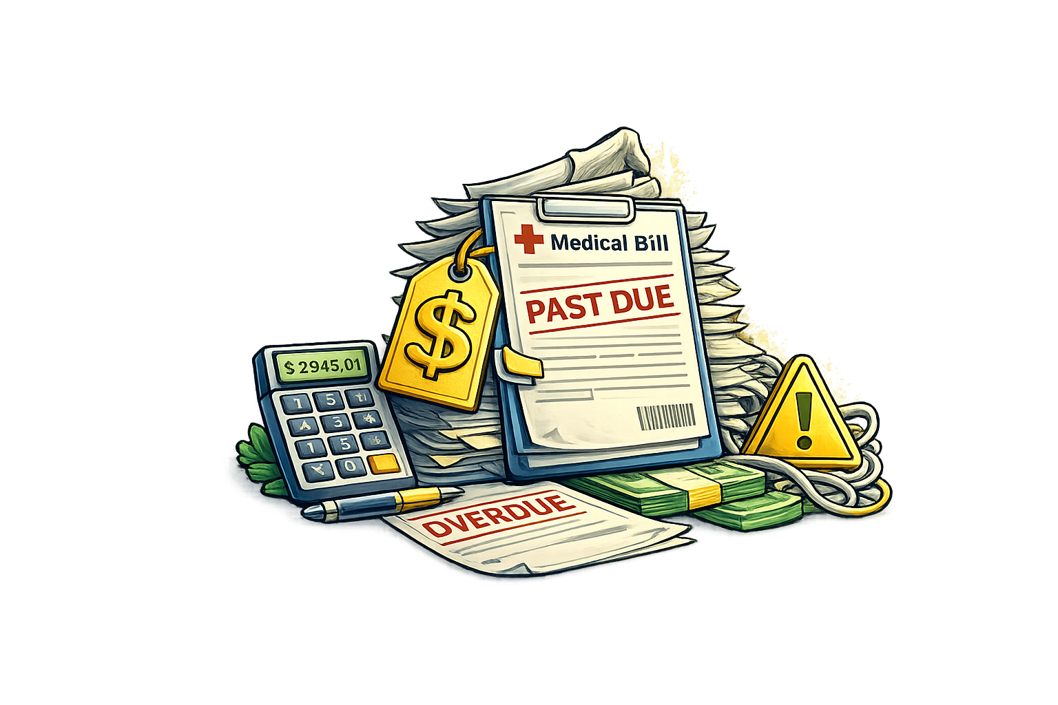 A pile of overdue medical bills with a 'Past Due' label, a calculator showing an amount of $2945.01, a large yellow dollar sign tag, a bundle of cash, a yellow warning sign, and a pair of scissors.