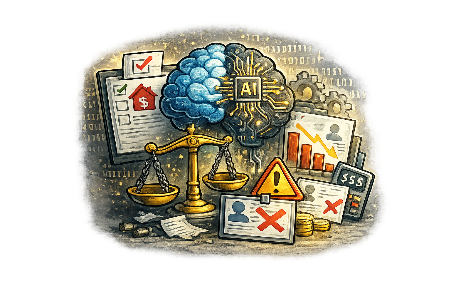 Illustration of artificial intelligence with a brain and circuit board design at the center, surrounded by charts, warning signs, and digital documents, symbolizing AI ethics, data analysis, and decision-making.